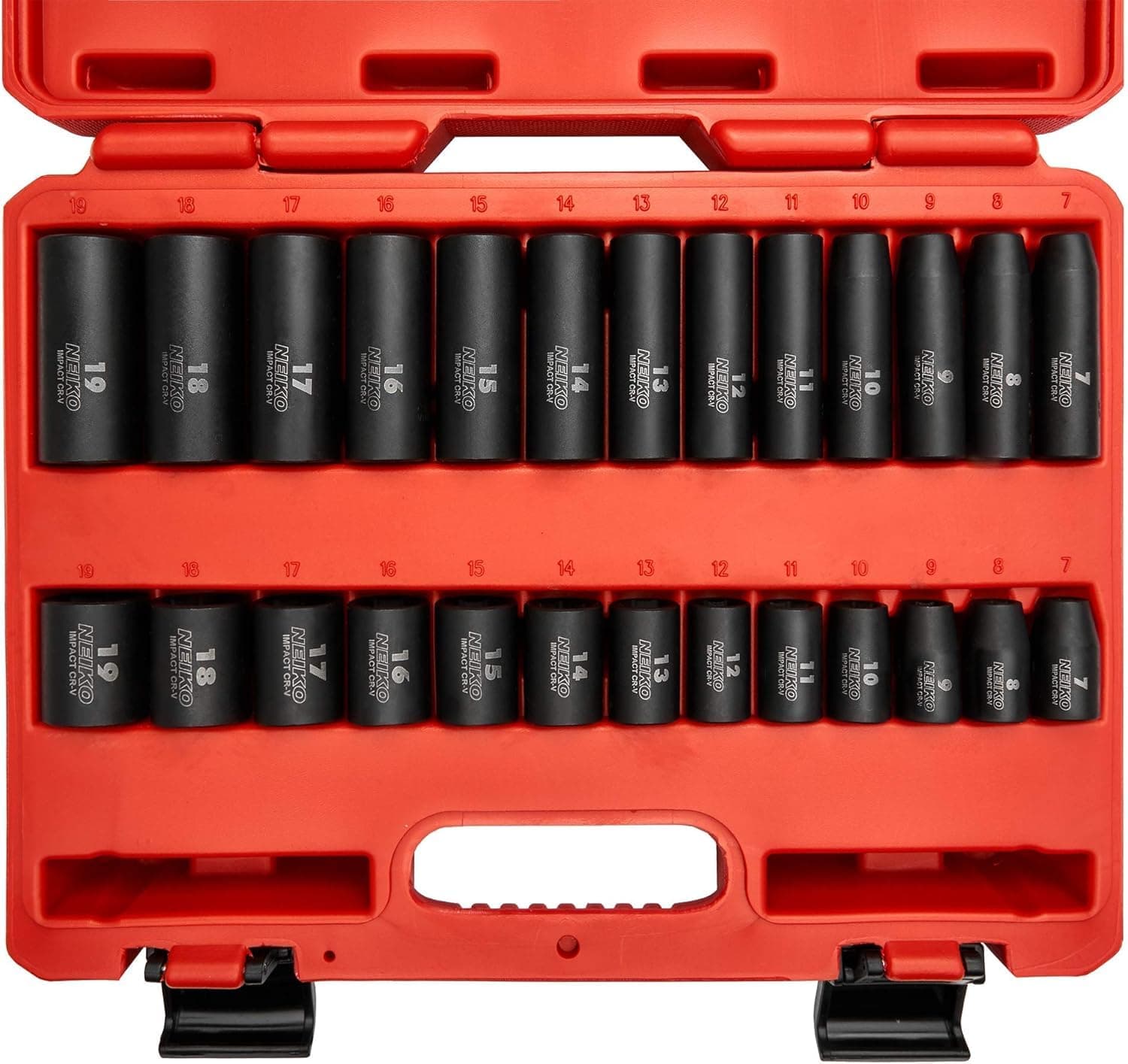 Neiko 02433A 3/8” Drive Standard And Deep Metric Impact Socket Set | 26 Pieces | Metric 7mm To 19mm | Premium Cr-V Steel | 6-Point Hex Design | Corrosion Resistant Black Phosphate Coating