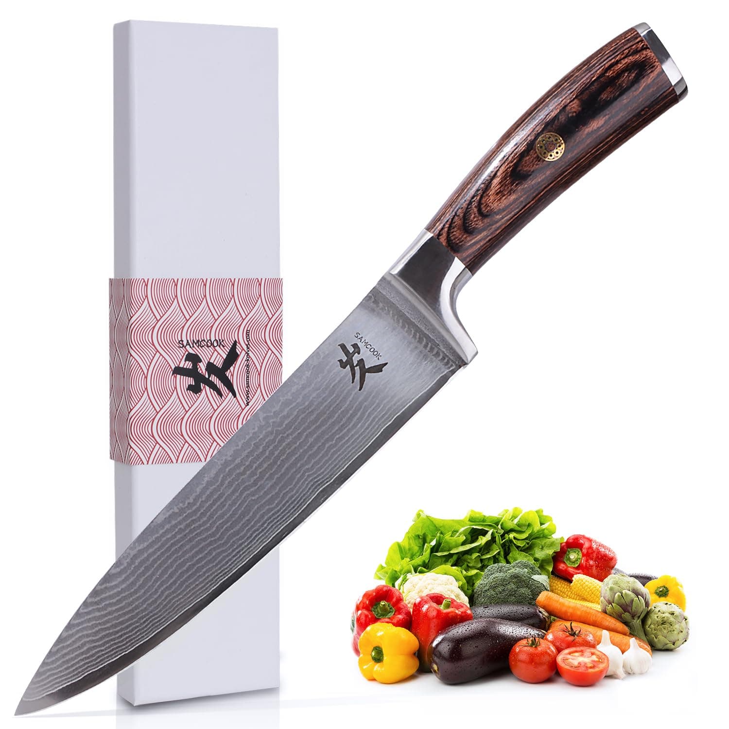 SAMCOOK Damascus Chef Knife - 8 Inch Professional Sharp Kitchen Knife - Japanese VG-10 High Carbon Stainless Steel Meat Sushi Cutting Gyuto knife - Ergonomic Pakkawood Handle with Gift Box