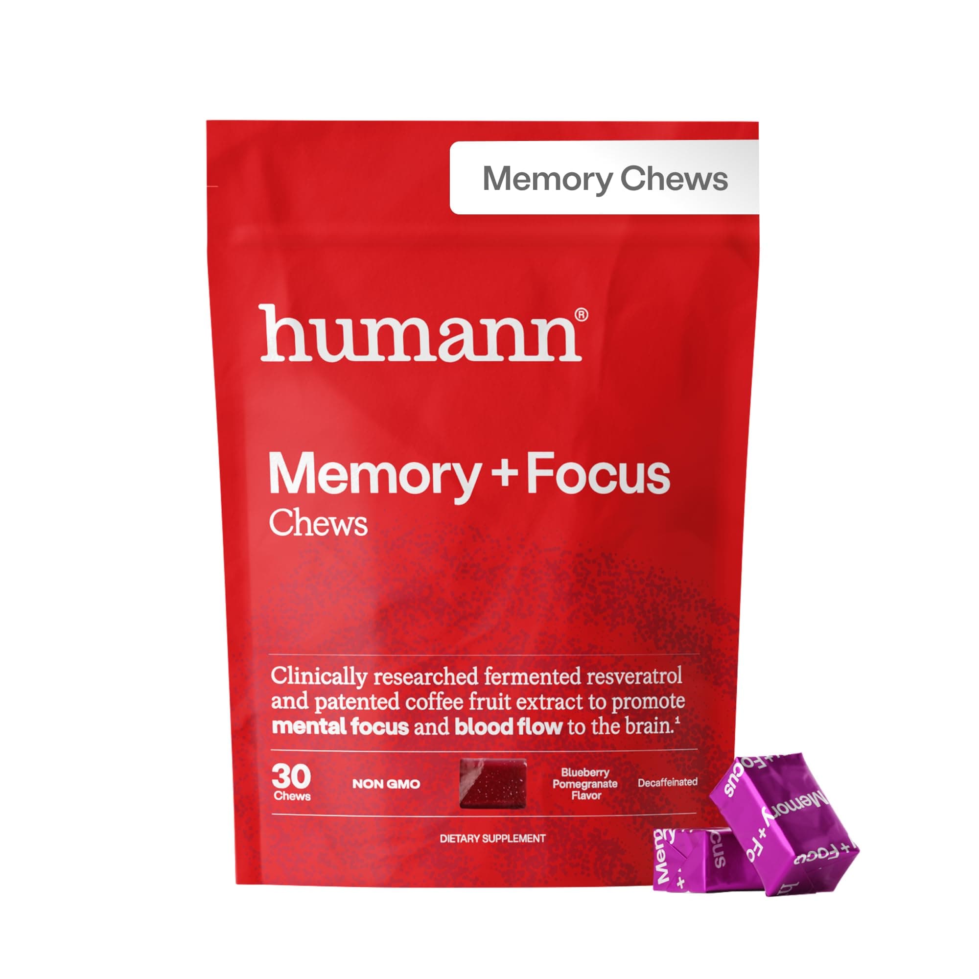 Humann Memory and Focus Chews, Brain Supplement for Mental Alertness with Beet Root Powder, Clinically Studied Nootropics, Resveratrol Plus Beet Root Powder, Blueberry Pomegranate Flavor, 30 Count