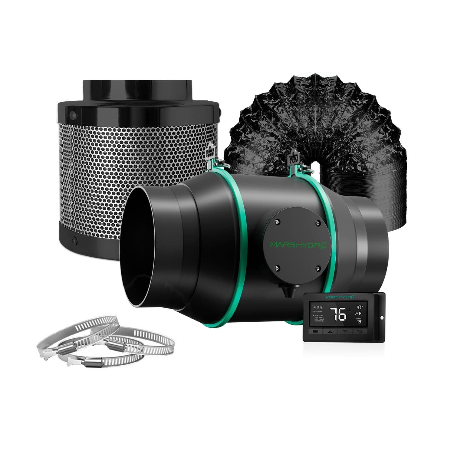 MARS HYDRO 6" Inline Fan Carbon Filter Combo 6" Inline Fan with Temperature Humidity Controller,6 Inch Carbon Filter, 33 Feet Ducting, 3 Duct Clamps -Ventilation System for Grow Tent, Hydroponics