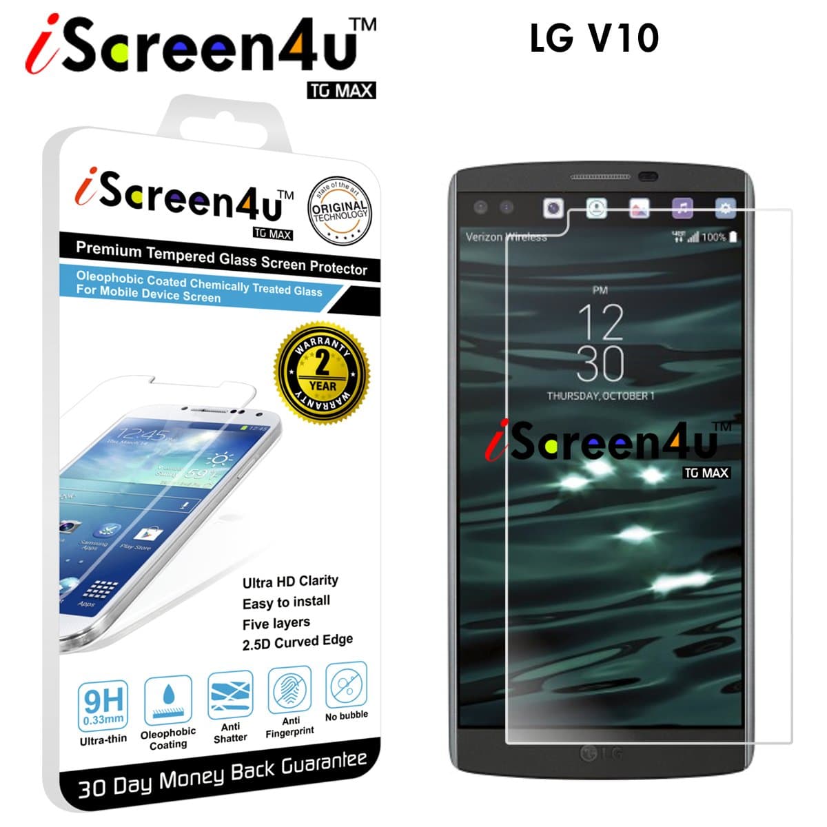 LG V10 Screen Protector - iScreen4u TG MAX 2.5D Rounded Edge 0.33mm Ultra-Thin Tempered Glass Screen Protector for with a 2-Year Limited Warranty (LG - V10)