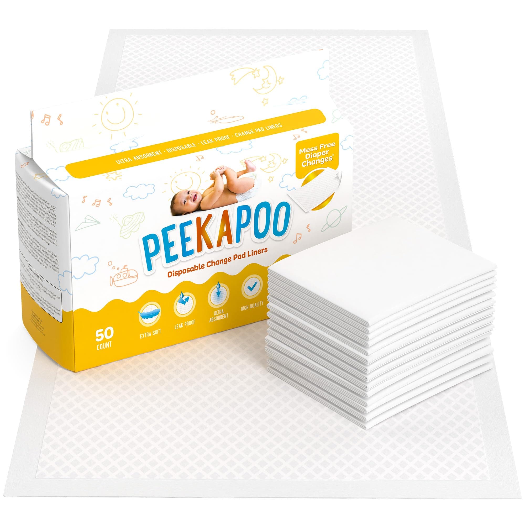 – Peekapoo - Disposable Changing Pad Liners (50 Pack) Super Soft, Ultra Absorbent & Waterproof - Covers Any Surface for Mess Free Baby Diaper Changes