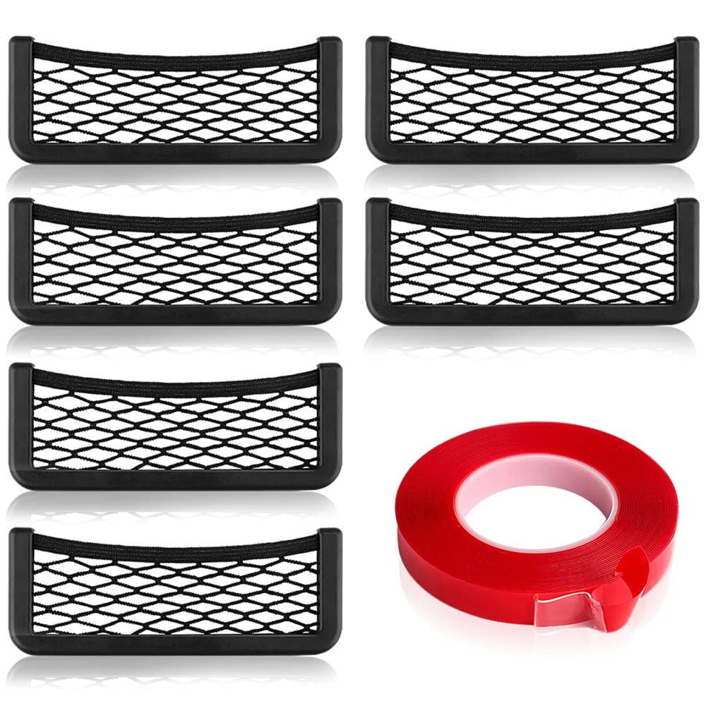 Car Storage Net Bag, 6 Pack ABS Plastic Frame with Stretchable Mesh Net, Universal String Bag Car Seat Side Back Stick-on for Purse Phone Holder Pocket Organizer with 1PC Double Sided Tape Gift
