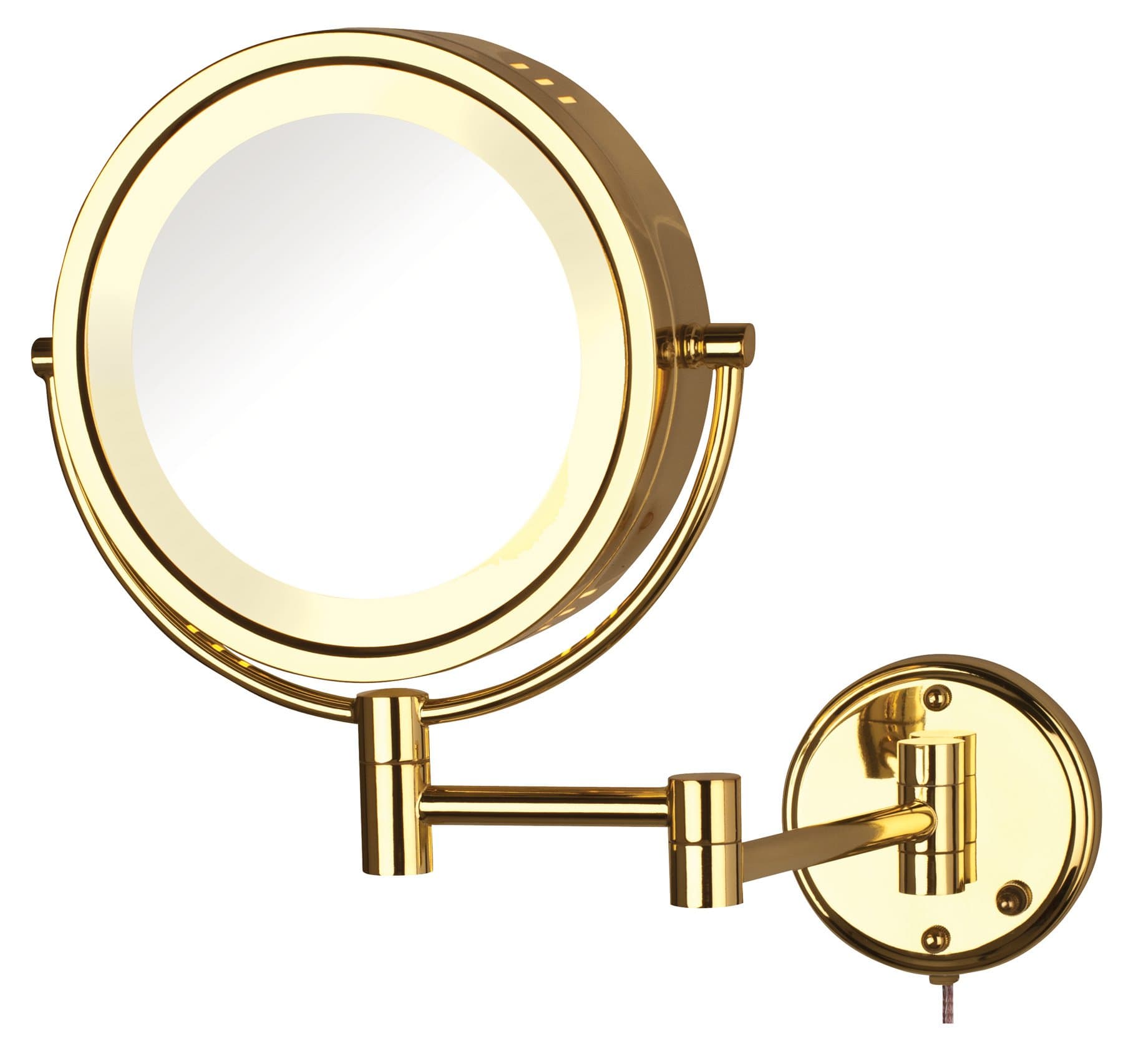 Jerdon Two-Sided Wall-Mounted Makeup Mirror With Lights - Lighted Makeup Mirror with 8X Magnification & Wall-Mount Arm - 8.5-inch Diameter Mirror with Bright Brass Finish Wall Mount - Model HL75G