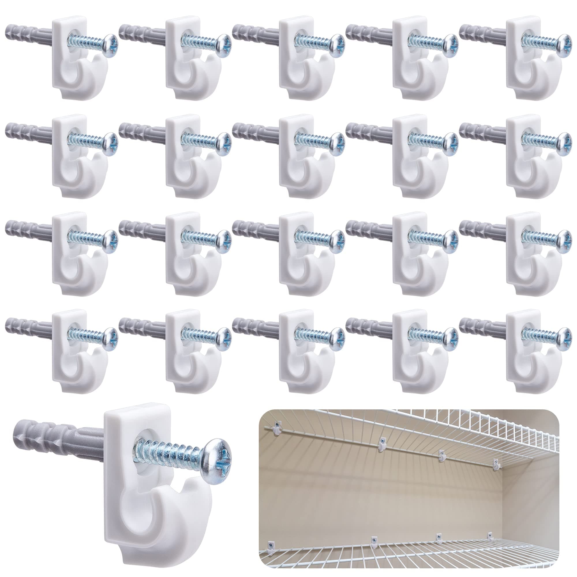 - 25 Pcs White Down Wall Clips - Wire Shelf Brackets Loop Clips - Closet Maid Support Brackets - Plastic Shelves With Screws and Expansion Tubes for Wire Shelving