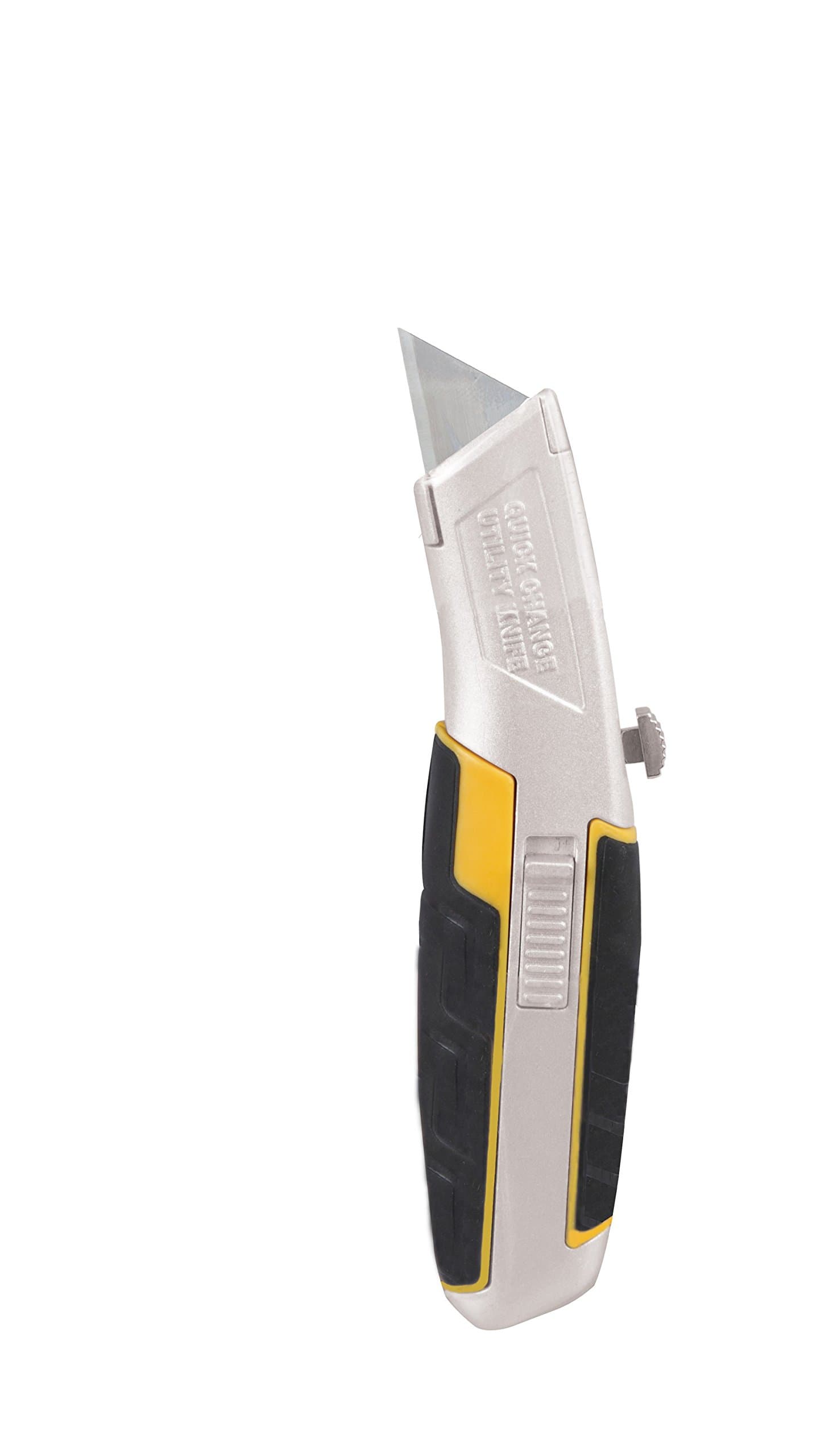 JCB Tools Retractable Utility Knife, Razor-Sharp tempered SK5 blade, Zinc-alloy housing with 3 blades which can be stored in handle, 22025237