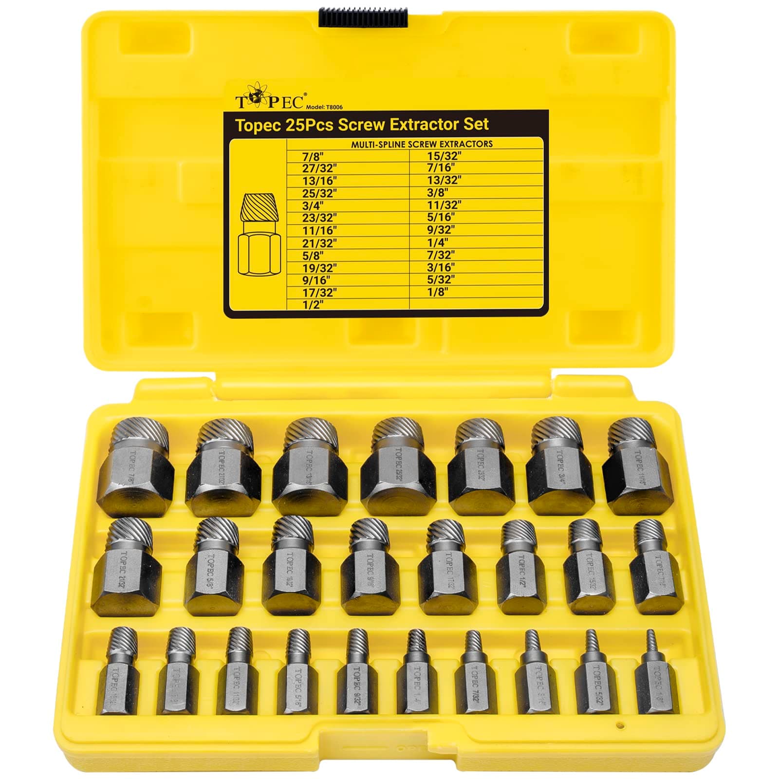 Topec 25Pcs Screw Extractor Set, Hex Head Multi-Spline Easy Out Bolt Extractor Set, Premium CR-MO Steel Rounded Bolt Remover
