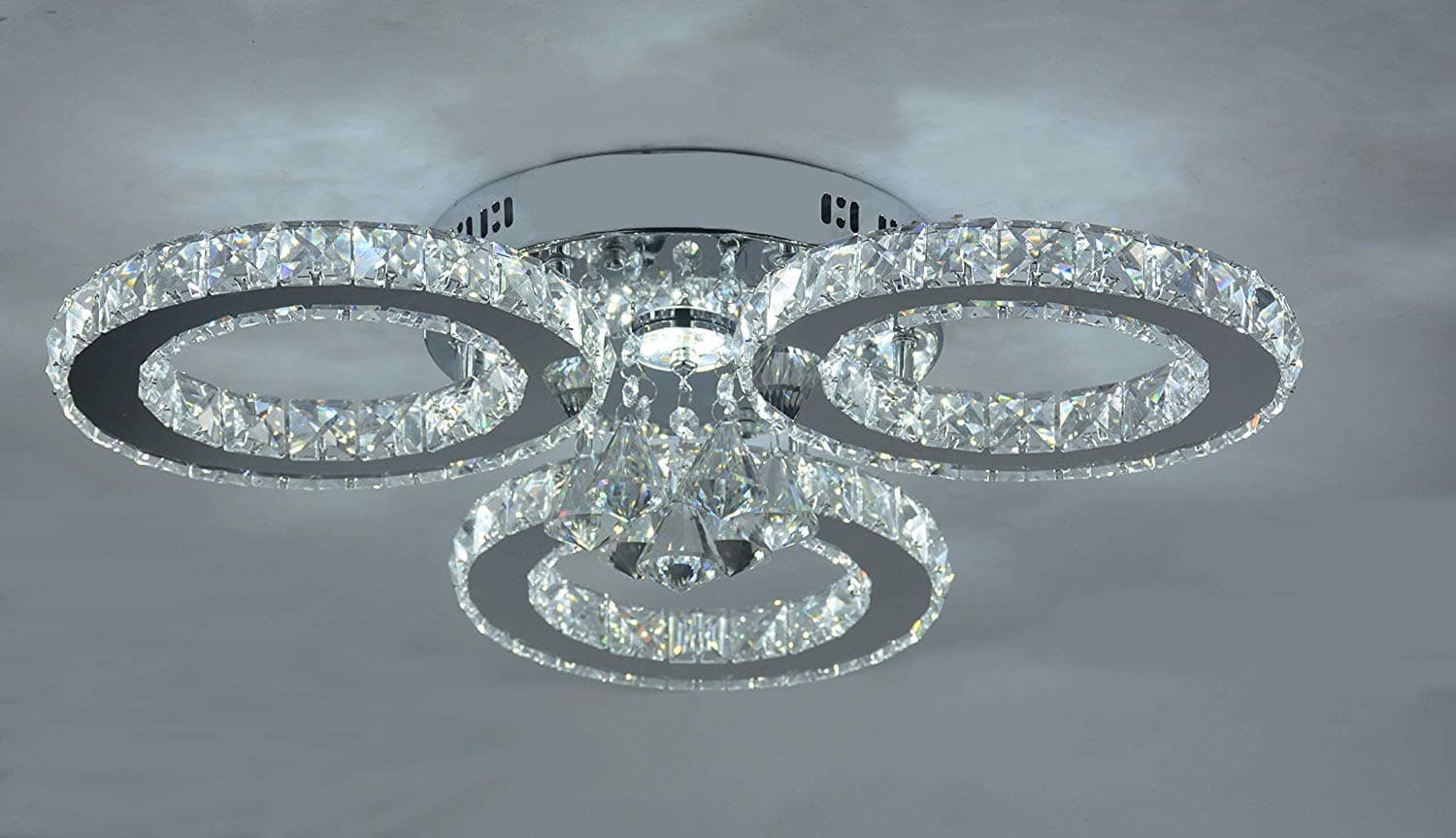 LOCO LED Crystal Flush Mount, 3 Lights, Electroplating,Modern Ceiling Light Fixture for, Hallway, Bedroom, Living Room（3 Colors with Remote Control）