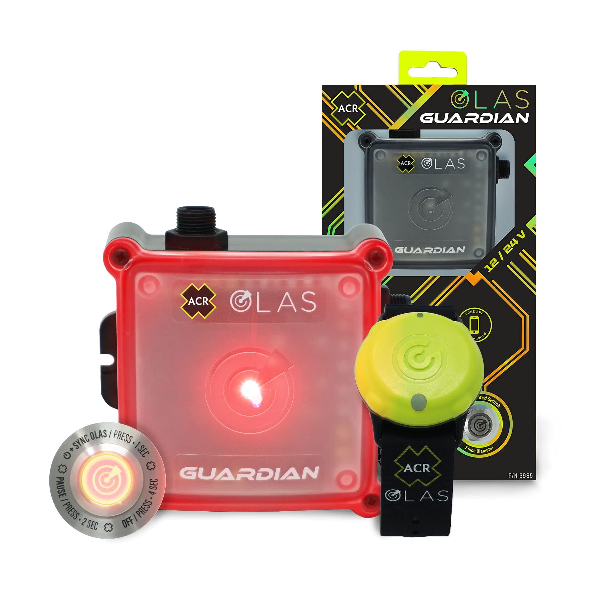 ACR OLAS GUARDIAN Wireless Engine Kill Switch & MOB Alarm System enhances boating safety by automatically stopping the engine and alerting in man overboard situations (Model 2985)