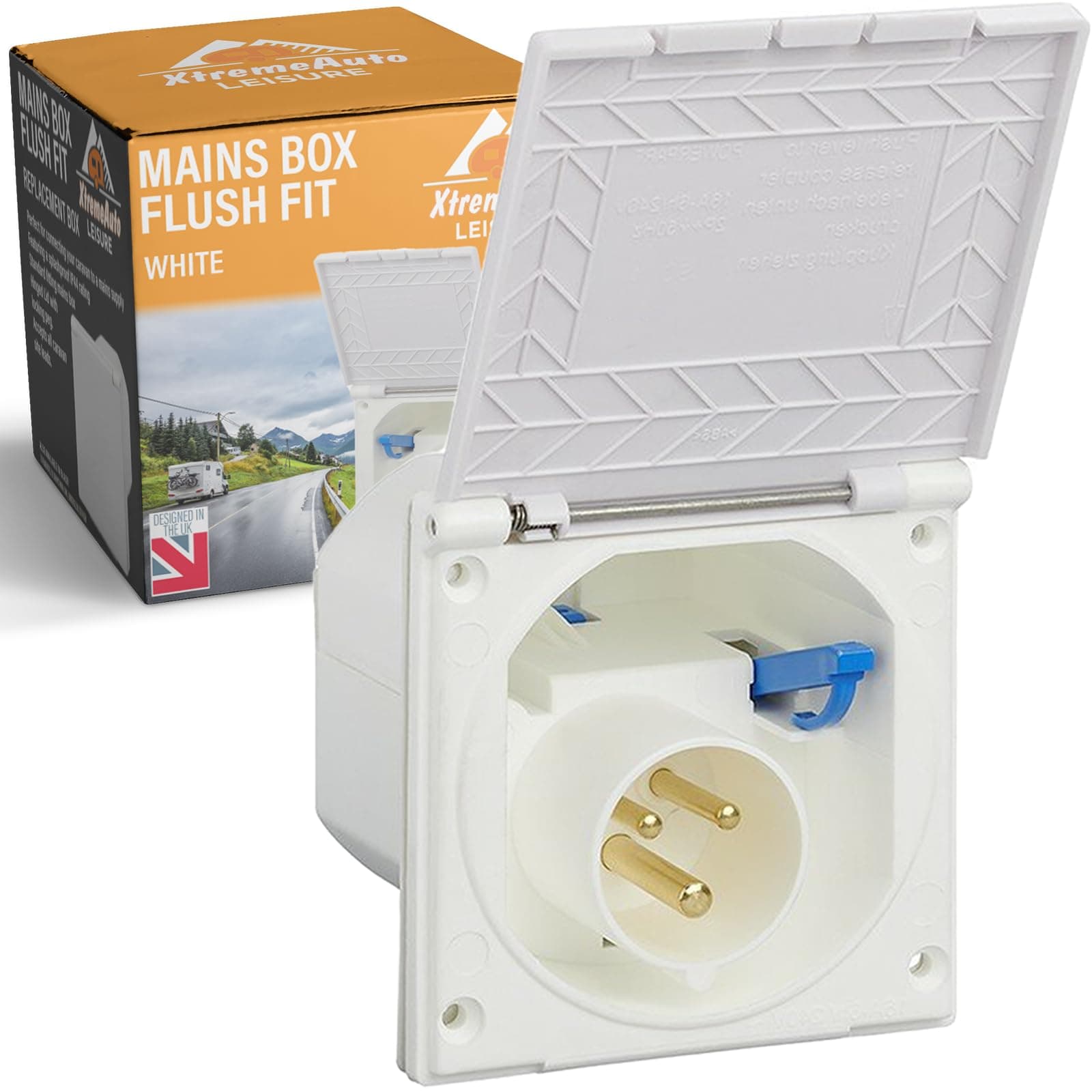 Xtremeauto 240V Mains Flush Fit Socket Box - Caravan 16 Amp Socket, 16Amp Campervan Inlet Hookup Cable Plug, To Most Caravans & Campervans External 16A Sockets (White)