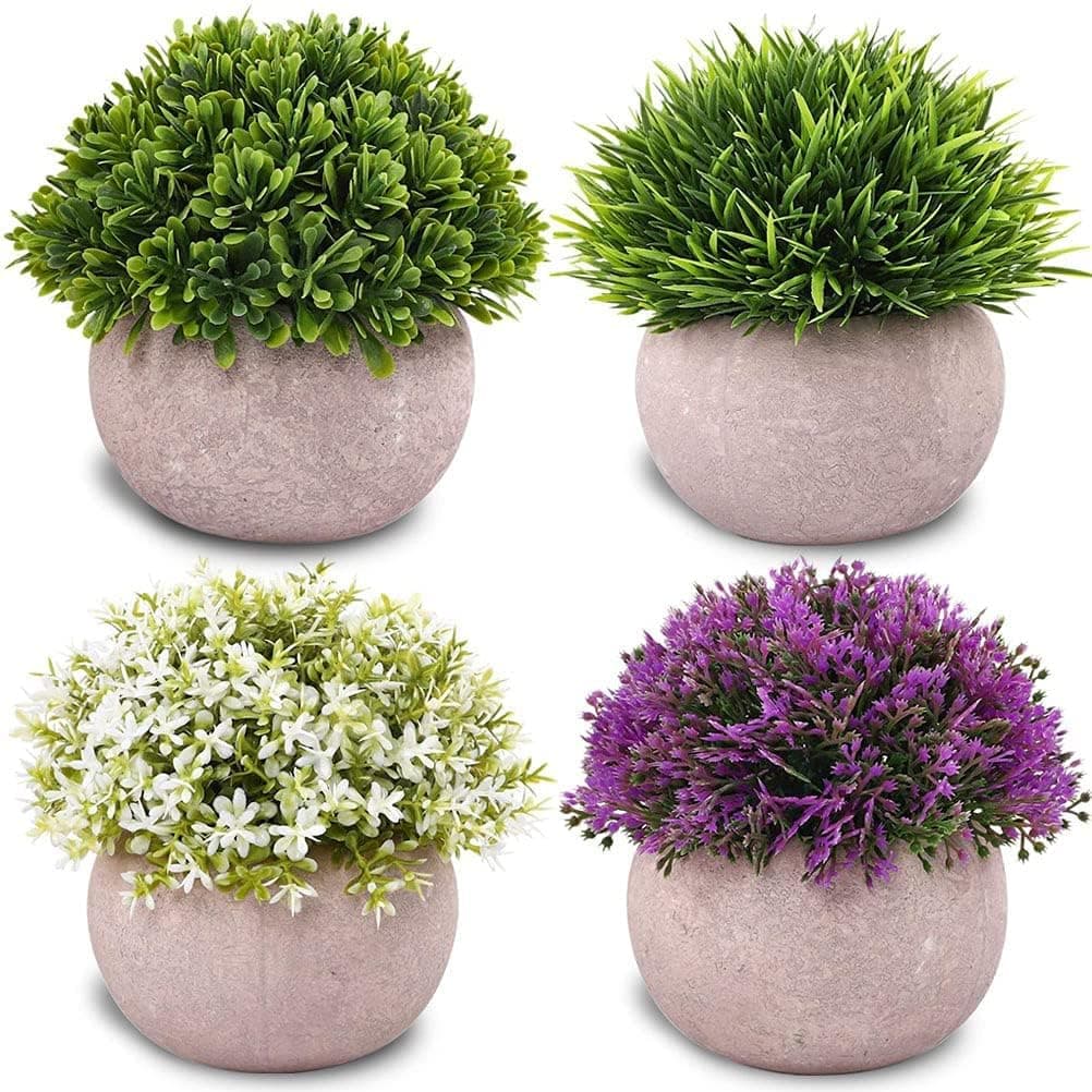 4Pots Artificial Plants Mini Fake Shrubs in Pots Small Faux Plants Decor Cute Artificial Greenery for Home Bedroom Indoor Office Desk Shelves Bathroom Farmhouse Coffee Table Decor