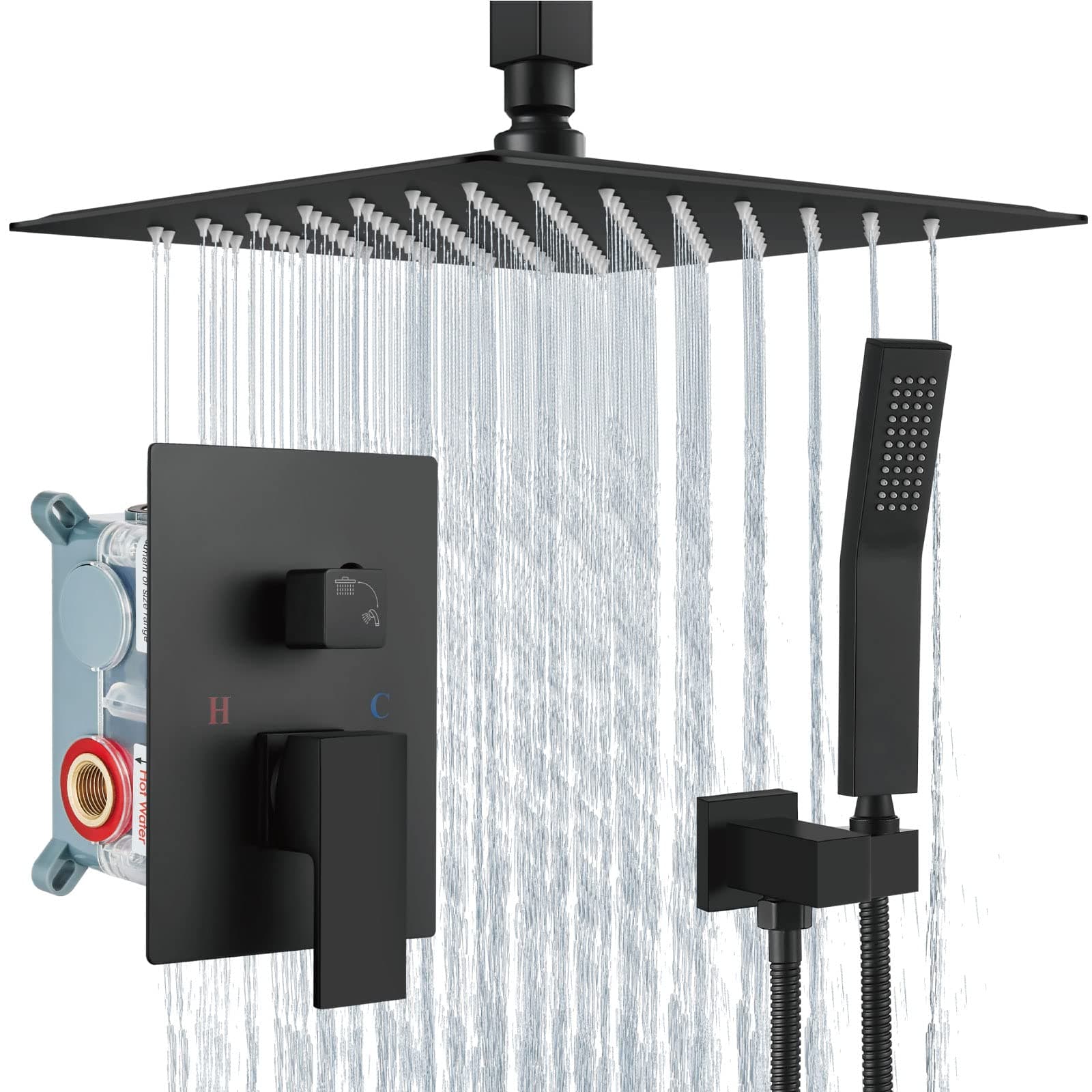 Aolemi Ceiling Mount Shower System Rain Shower Head with Handheld Spray High Pressure Shower Faucet Set Rough-in Valve Shower Trim Kit Included Bathroom Matte Black 10 Inch Ceiling Shower Head