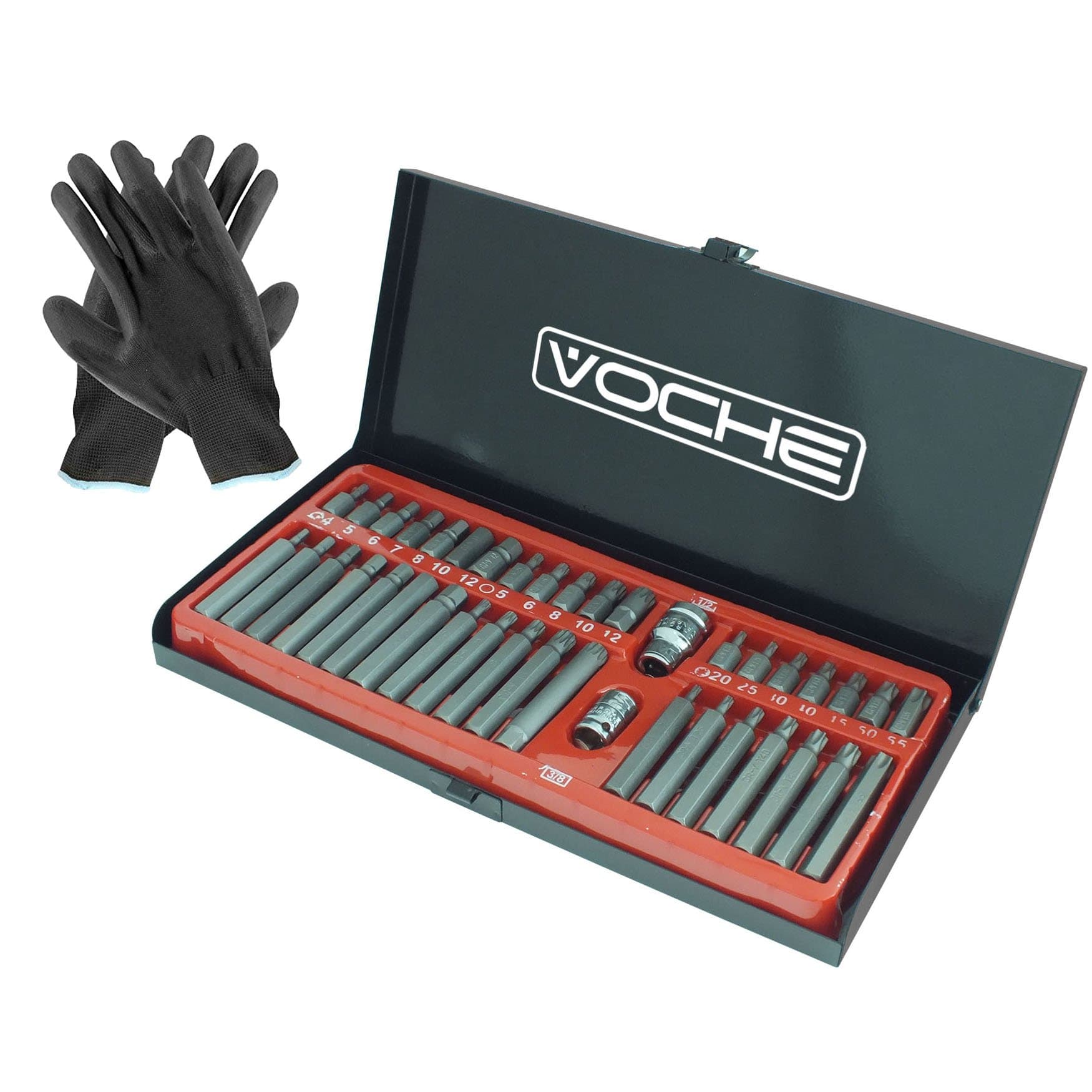 Voche® 40PC Torx Star Spline Hex Socket Bit Set 3/8" & 1/2" Drive + Pair of Work Gloves