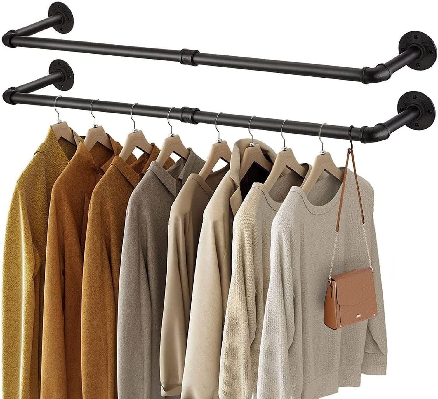 Industrial Pipe Clothes Rod: Wall Mounted Clothes Rack 2 PCS Pipe Cloth Hanging Stand Industrial Clothing Hanger Rod Heavy Duty Garment Storage Rail Laundry Drying Shelf for Closet Wardrobe