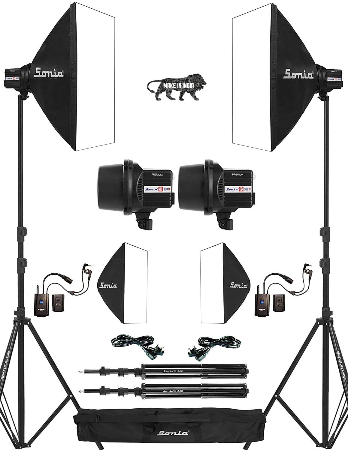 300D Studio Flash Light Strobe pack of 2 Strobe Light 300D; 2 SoftBox 60 x 60 cm; 2 Radio Trigger AT16; 2 AC Power Cord 5 Mtr; 2 Synchro Cord 5 Meter; 2 Light Stand 8.5 ft approx; 1 Light Stand Bag (Not Meant For Video Shoot)