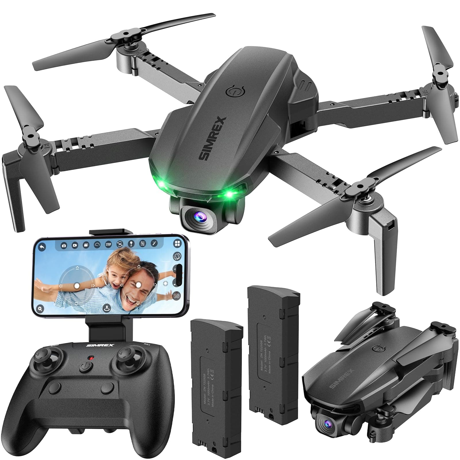SIMREX Drone with Camera 1080P, One Key Start, Waypoint Flying, Headless Mode, Auto Follow, 3D Flip, 3 Speeds, Remote Control for Children and Adults, Black