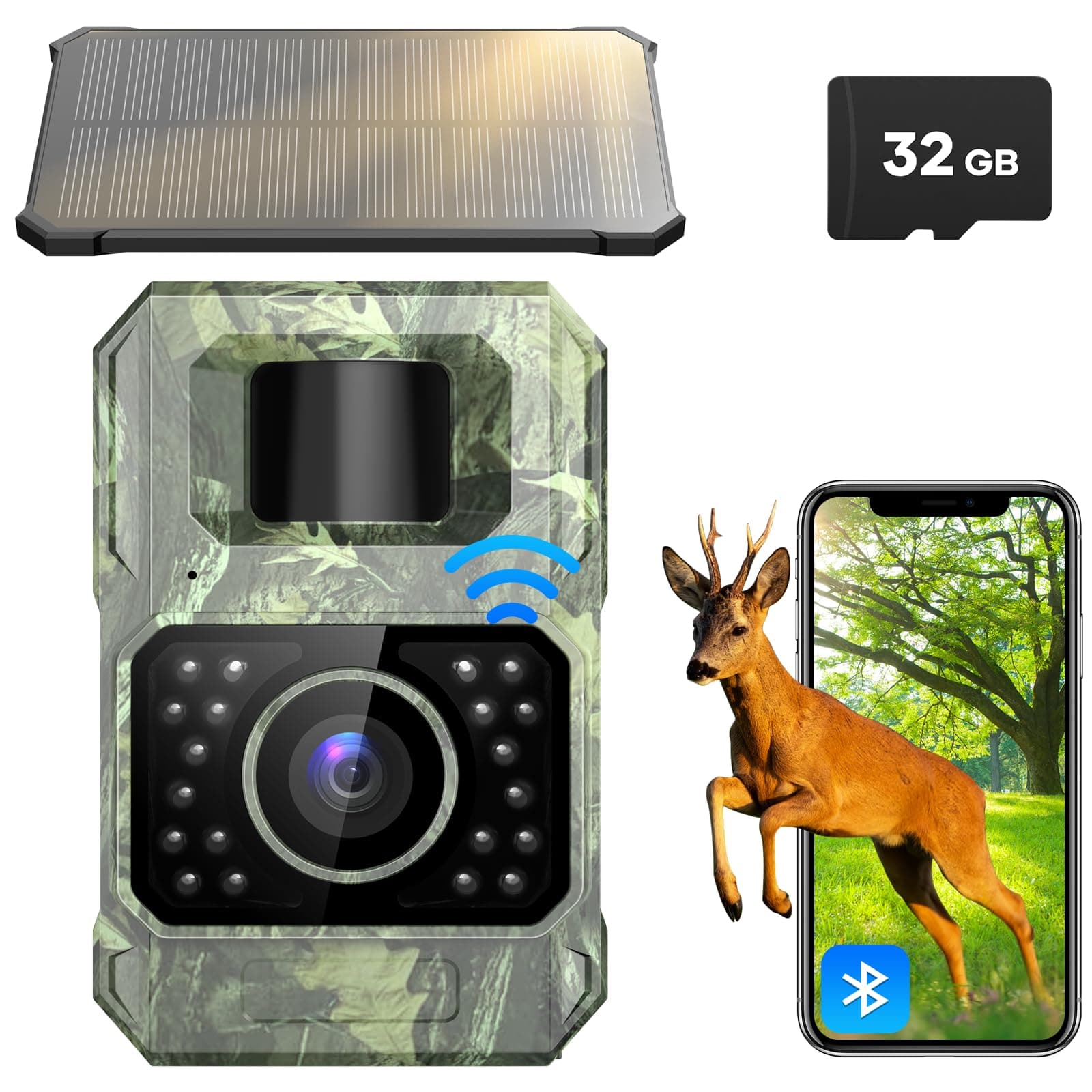 Trail Camera Solar Powered 48MP 30FPS WiFi Bluetooth Game Camera with Motion Activated 0.2s Trigger 0.2s, Motion Activated Night Vision IP66 Waterproof for Wildlife Scouting