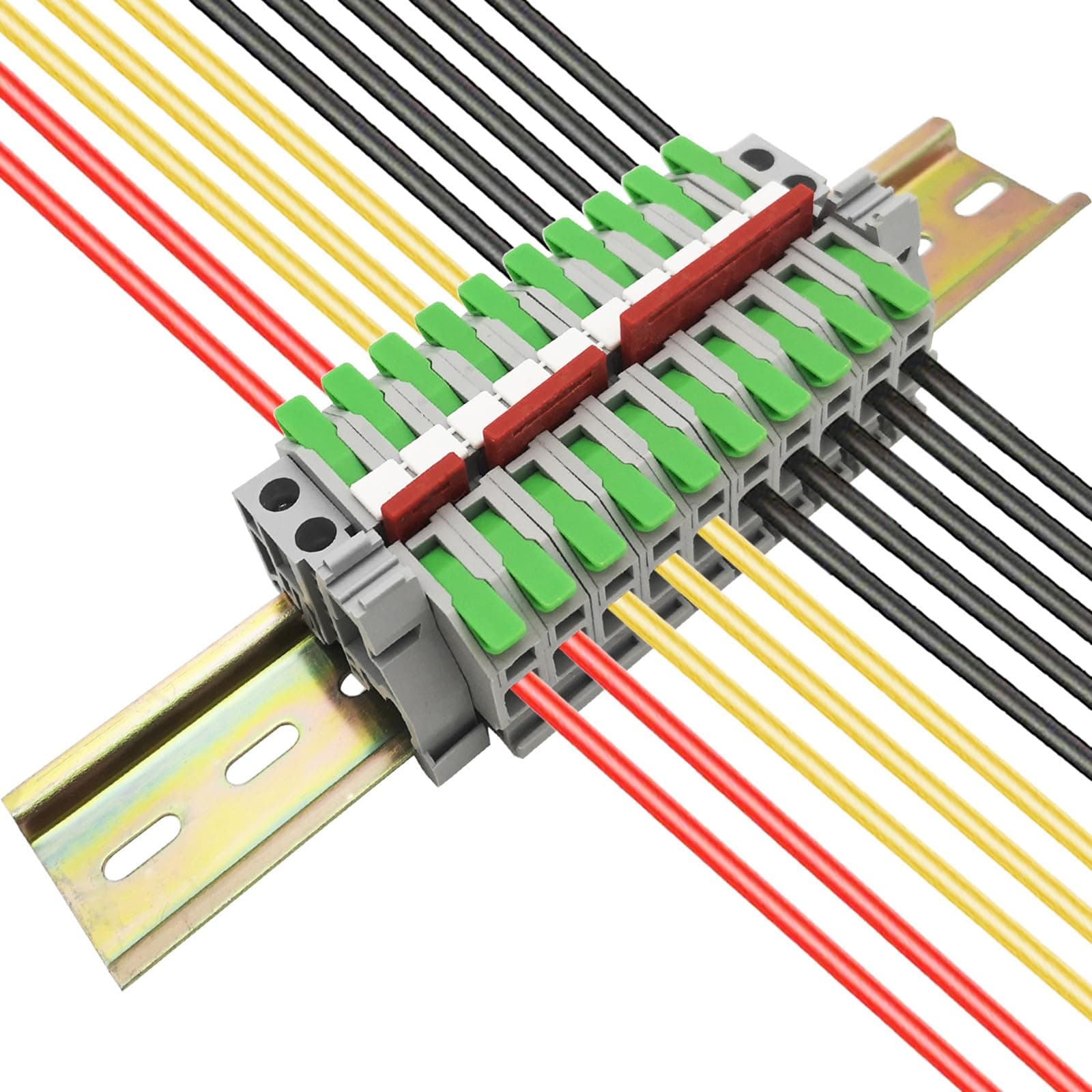 DIN Rail Connectors, CTRICALVER Terminal Blocks Kit,10 pcs Compact Wire Connectors (green), with Blank Marker Strips,Securing clipand Connection bar