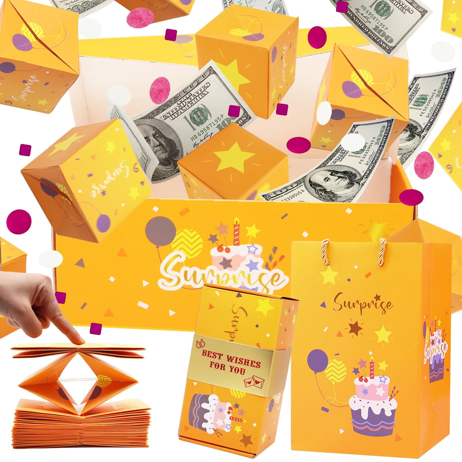 Surprise Gift Box Explosion for Money, Unique Folding Bouncing Red Envelope Gift Box with Confetti, Cash Explosion Luxury for Mom Birthday Anniversary Valentine Proposal (15 Bounces) (Yellow)