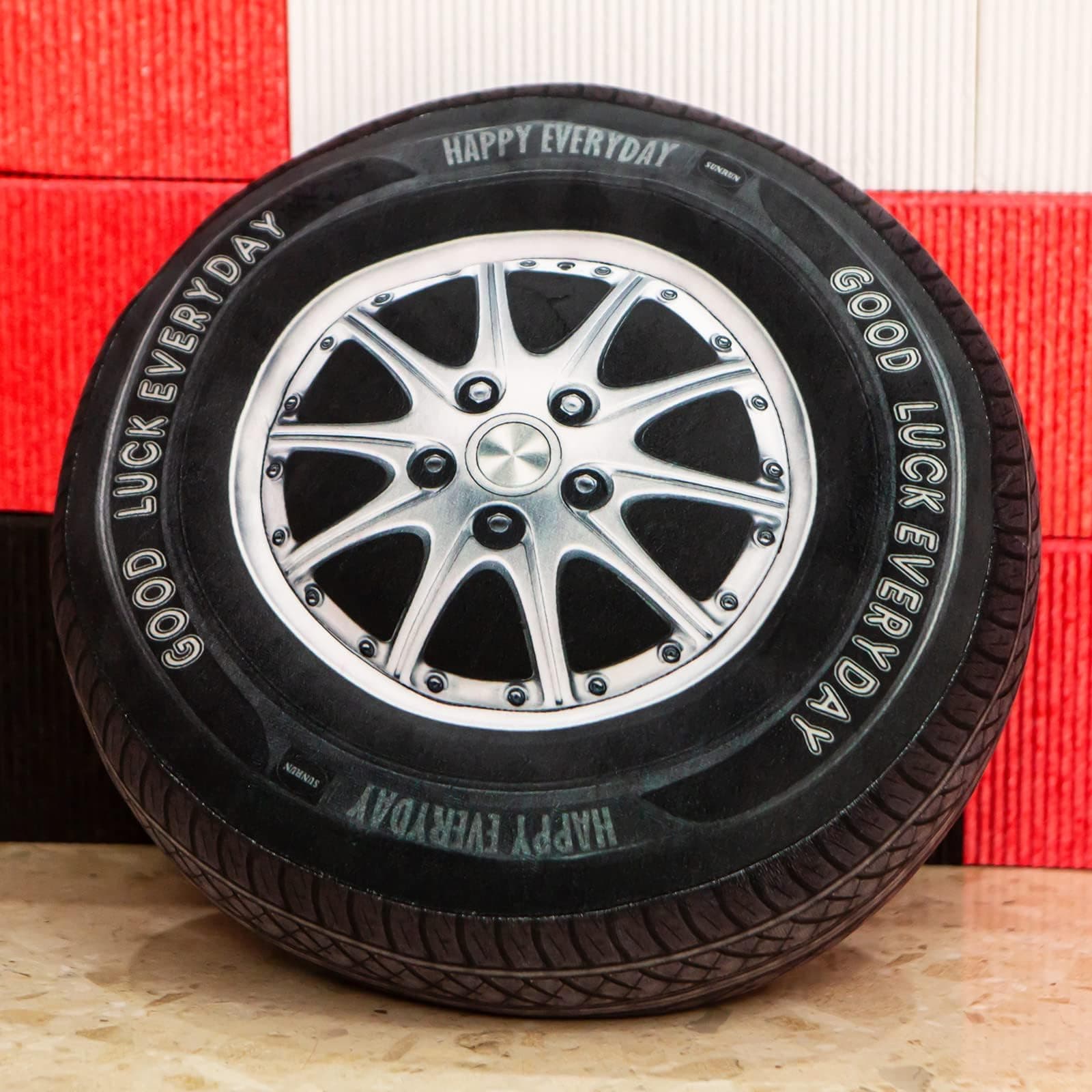 3D Simulation Wheel Shape Plush Pillow, Soft car tire Cushion Stuffed Toy, Suitable for car Owners, can be Used for Outdoor Cushions, Children's Rolling Toys （15.7 inches，Black）