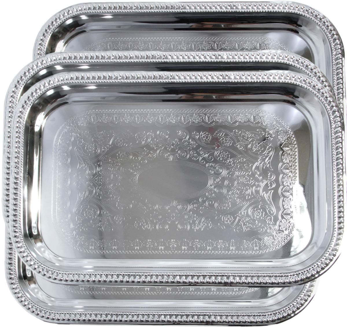 18.2" x 12.4" Oblong Rectangular Trim Floral Pattern Engraved Catering Chrome Plated Serving Plate Mirror Deco Tray Platter Tableware Party Birthday Multi-Purpose (Medium) T156M