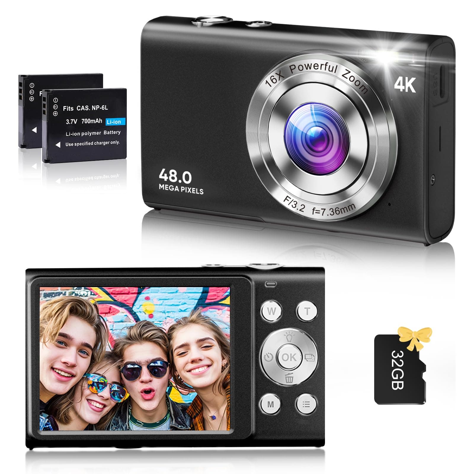 Digital Camera, 4K Vlogging Camera for YouTube Autofocus 48MP UHD Cameras for Photography with Anti-Shake, 16X Digital Zoom Point and Shoot Digital Camera with 32GB Card for Teens Adult Beginner-Black