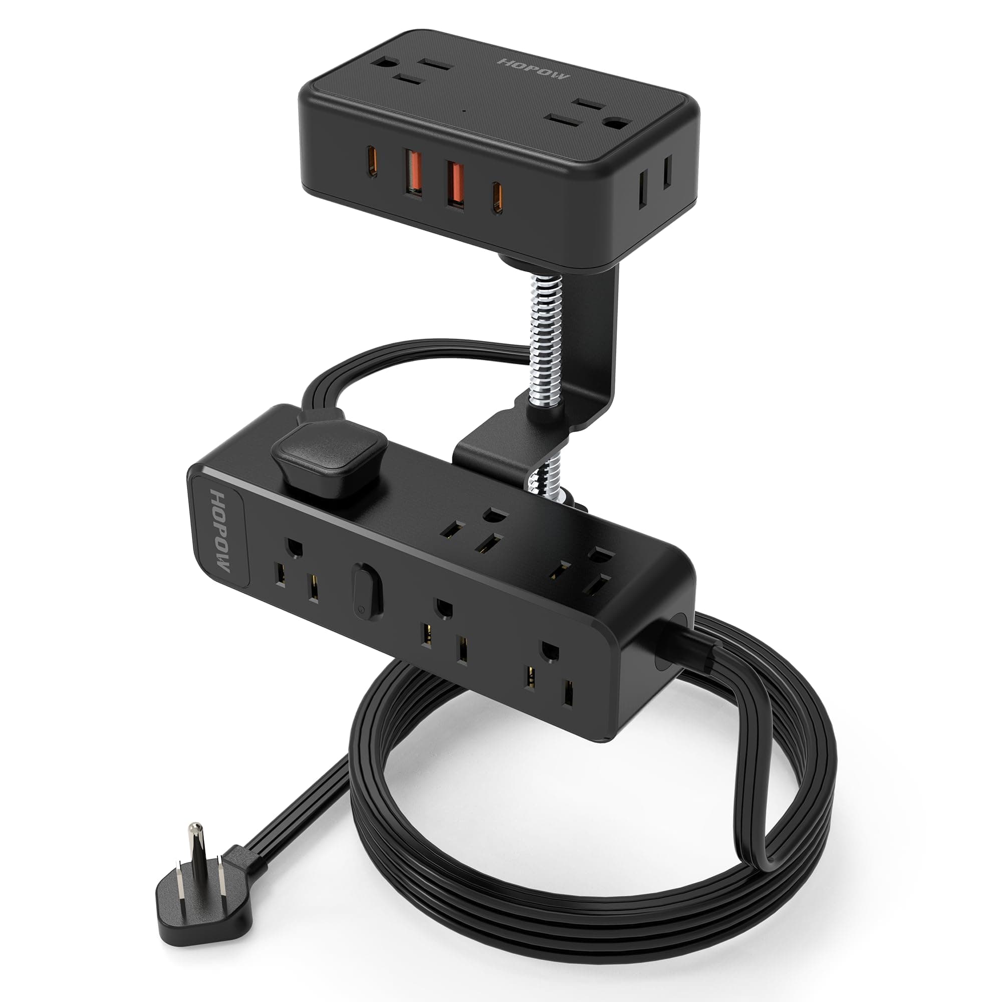 Dual Layer Computer Clamp Power Strip, Computer Edge Mount Charging Station with 13 Outlets, 4 USB Ports (2 USB C), Protection Guard