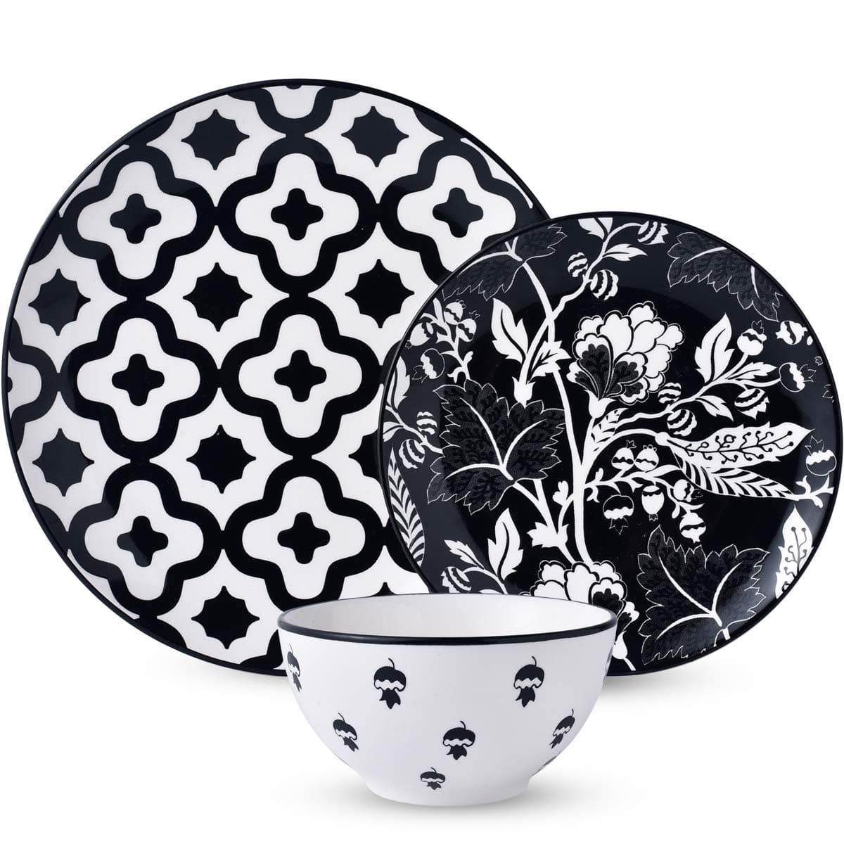 12-Piece Dinnerware Set, Dinner Plate Set Service for 4, Black Ceiba