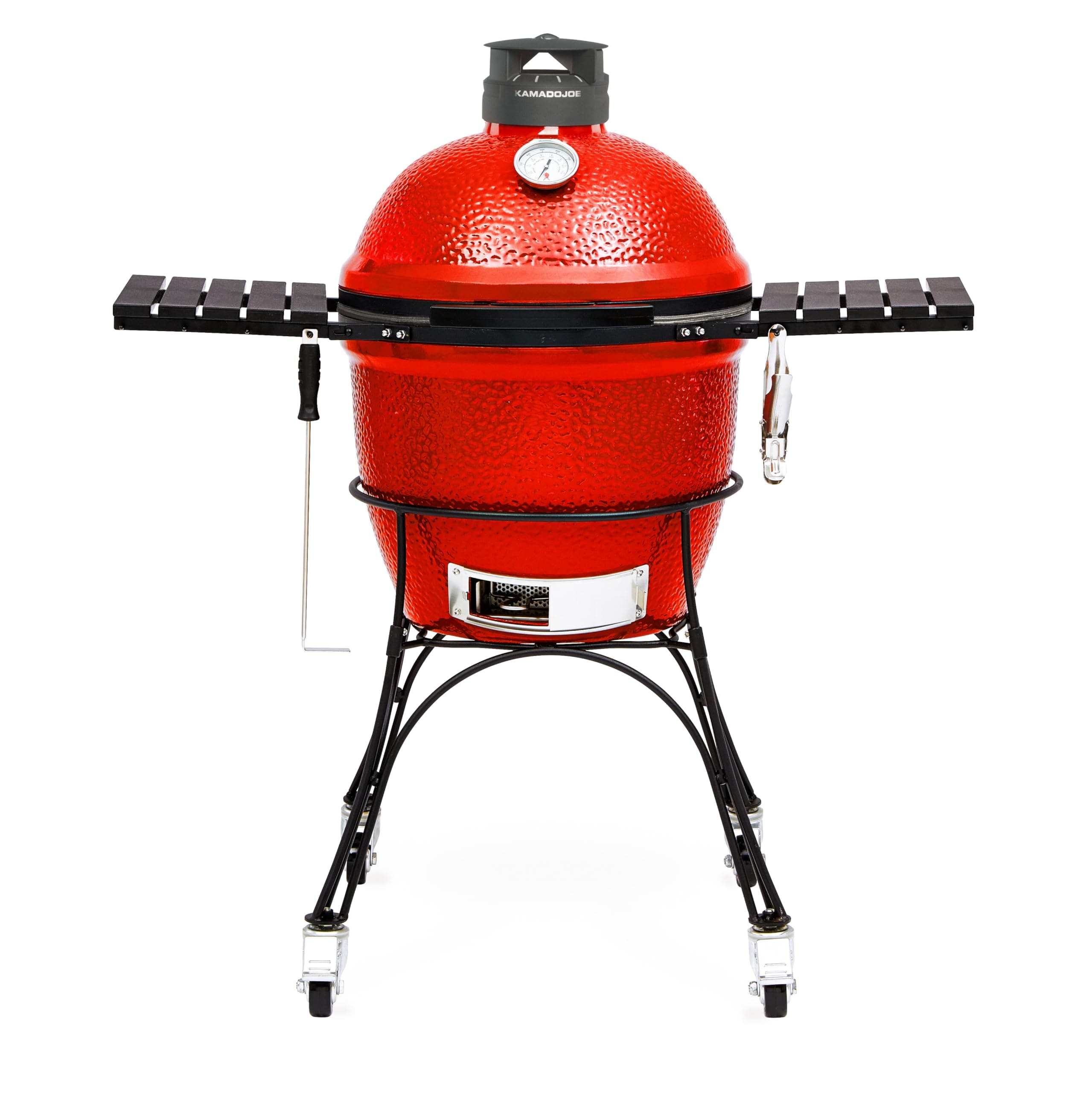 KJ23RHC Classic II Smoker BBQ, Outdoor Charcoal Barbecue Grill In Red With Cast Iron Cart, Heat Deflectors And Ash Tool