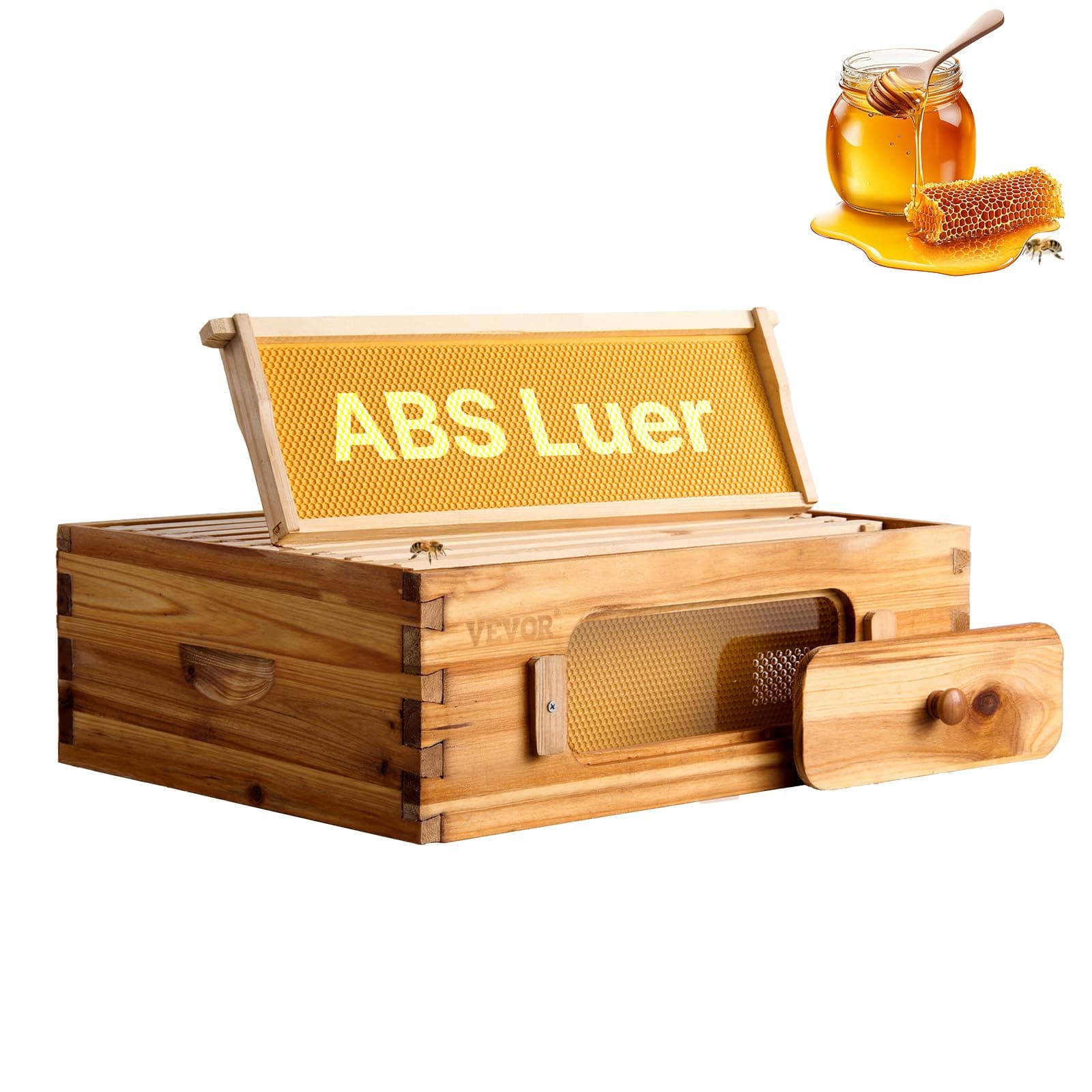 VEVOR 10 Frame Medium Super Bee Hive Box, Bee Box Dipped in 100% Beeswax, Langstroth Beehive Kit with 10 Frames and Foundations and Transparent Acrylic Windows for Beekeeping Supplement