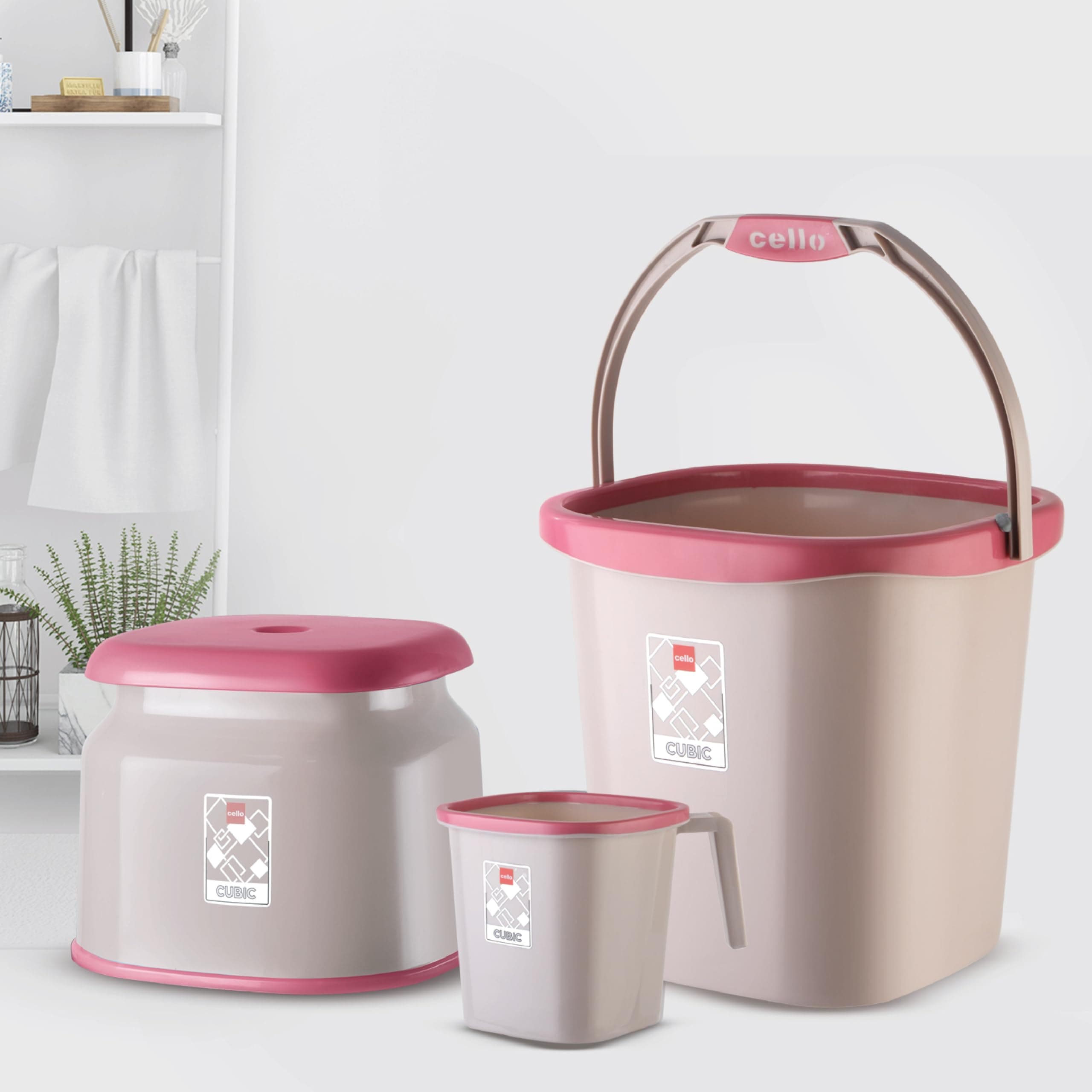 CELLO Plastic Cubic Bathroom Set | Sturdy and Durable | Cubic Set (Bucket 18 L + Stool + Mug 1.5 L) | Lightweight and Rigid | Easy to Clean and Attractive Design | Set of 3 | Pink