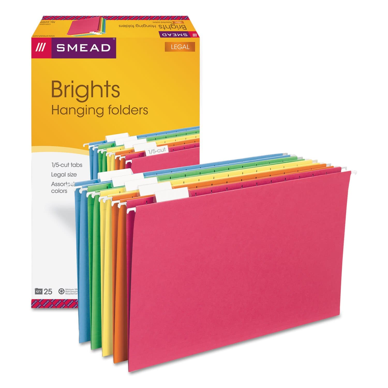 Hanging File Folder with Tab, 1/5-Cut Adjustable, Legal Size, Assorted Primary Colors, 25 per Box (64159) (Pack of 1)