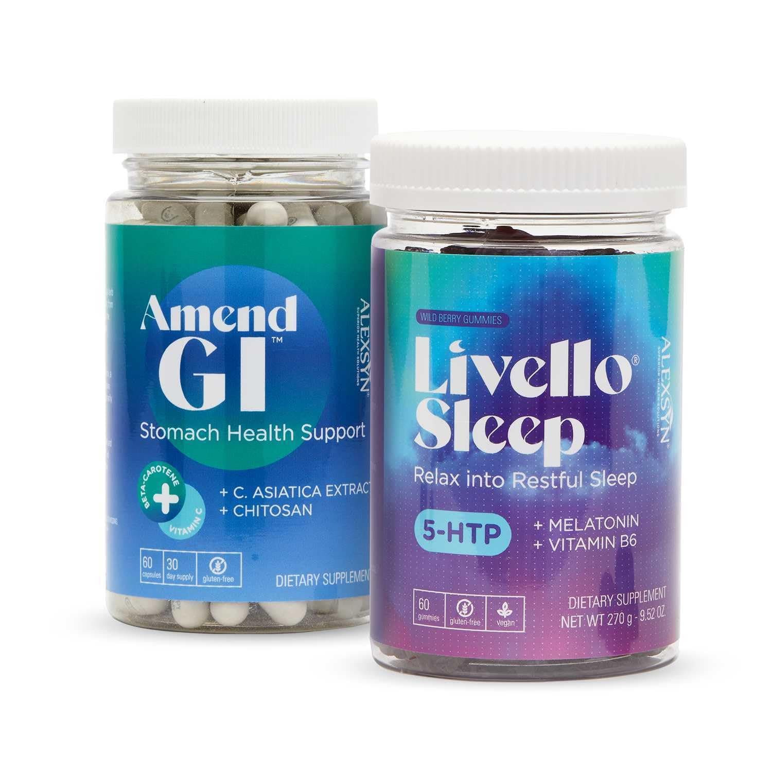 Amend GI + Livello Sleep Bundle - Digestive and Natural Sleep Support with C. Asiatica, Chitosan, 5-HTP, and Melatonin, 60 Yummy Wild Berry Gummies + 60 Capsules