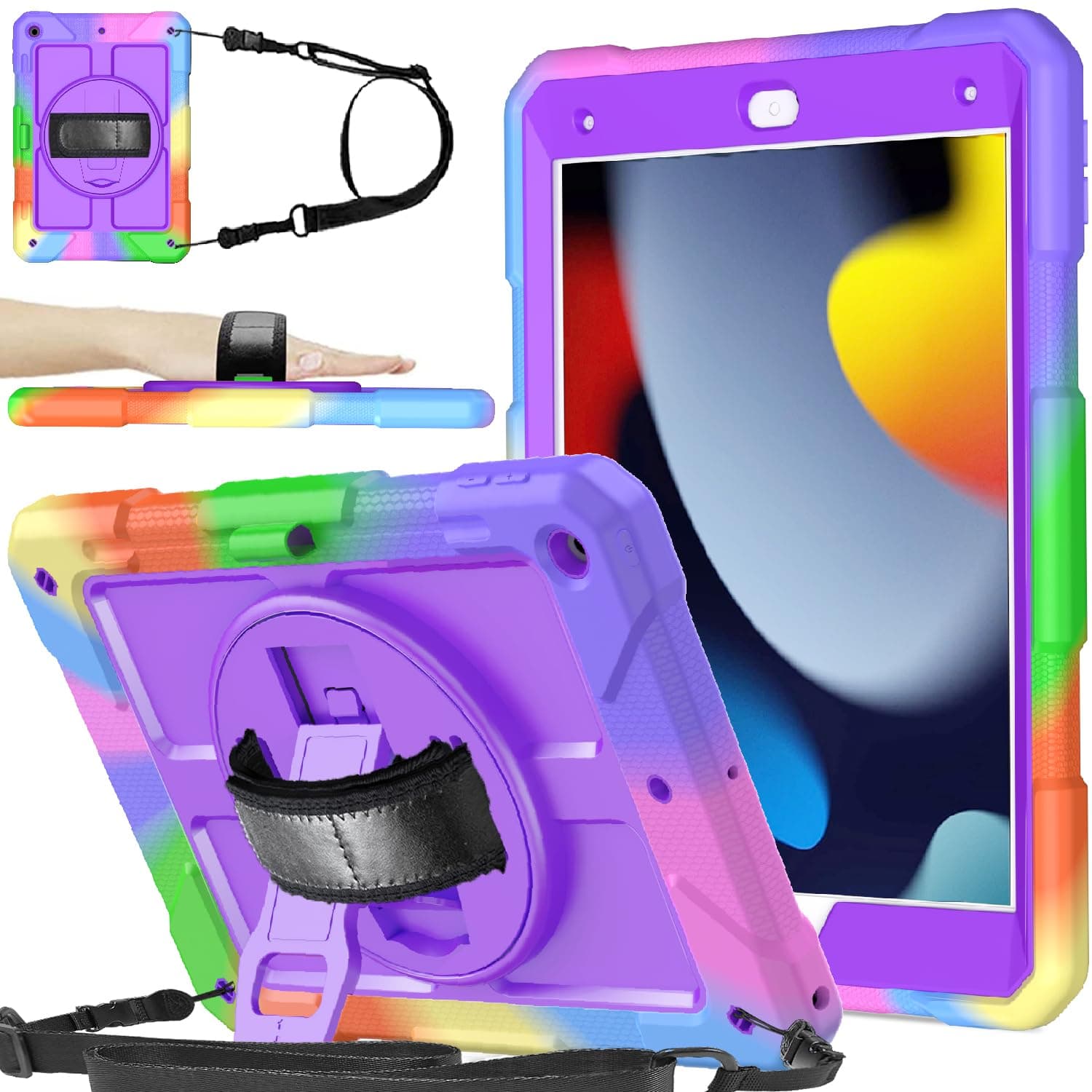 BMOUO for iPad 9th/8th/7th Generation Case 10.2", Shockproof 360 Rotating Stand Shoulder Hand Strap iPad 9th/8th/7th Generation Case with Pencil Holder for iPad 10.2 inch 2021/2020/201 - Purple