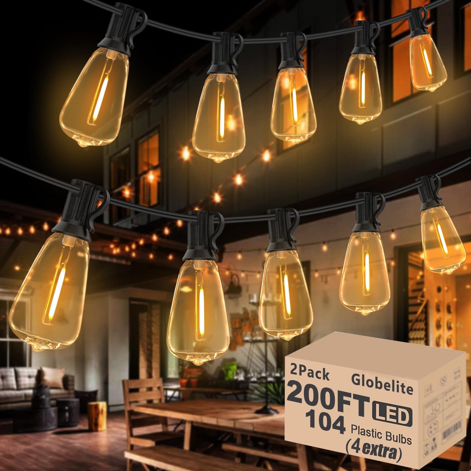 Outdoor String Lights LED 200FT Edison String Lights for Outside with 102 Shatterproof ST38 LED Bulbs,Waterproof Vintage Patio Globe Lights for Bistro Balcony Backyard,2-Pack x 100ft