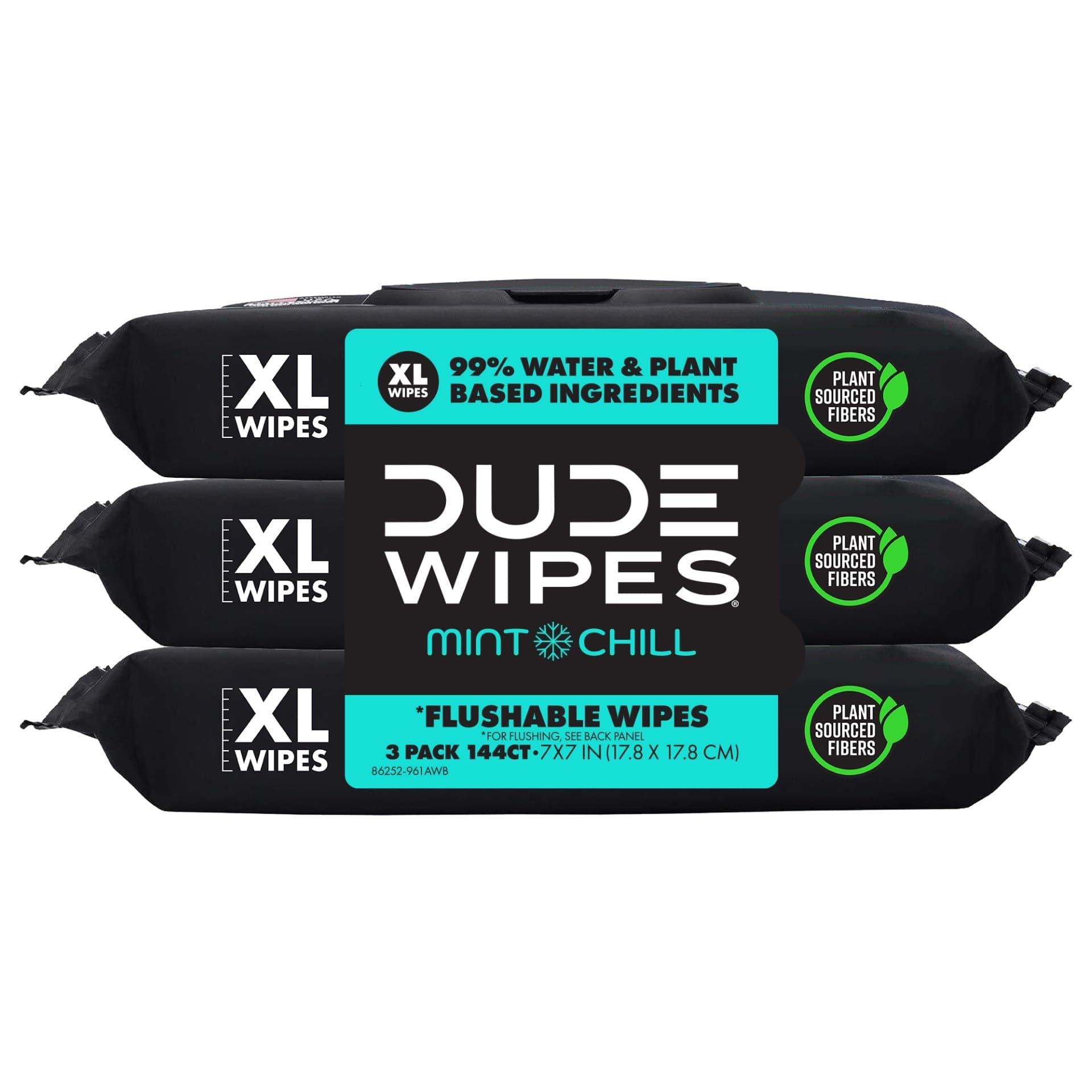 DUDE Wipes Mint Chill Flushable Wipes - Extra-Large Adult Wet Wipes - 3 Pack (144 Count) - Infused with Tea Tree Oil, Vitamin E, and Aloe - Septic and Sewer Safe