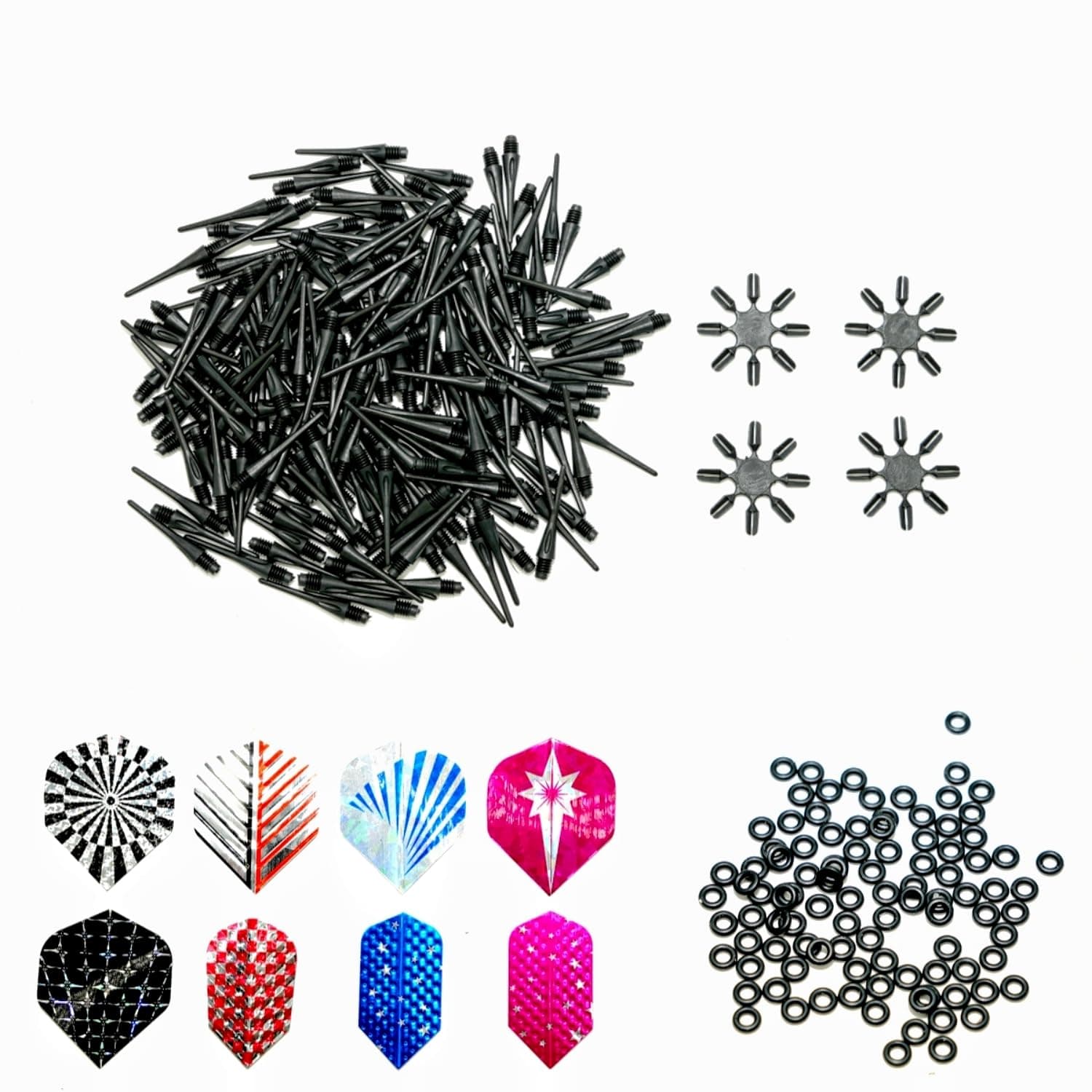 2BA 2BA Thread Plastic Dart Points Set 200 Pack Soft Dart Tips 24 Dart Flights 100 Non-Slip Rubber Rings 4 Flight Protectors Replacement Dart Accessories