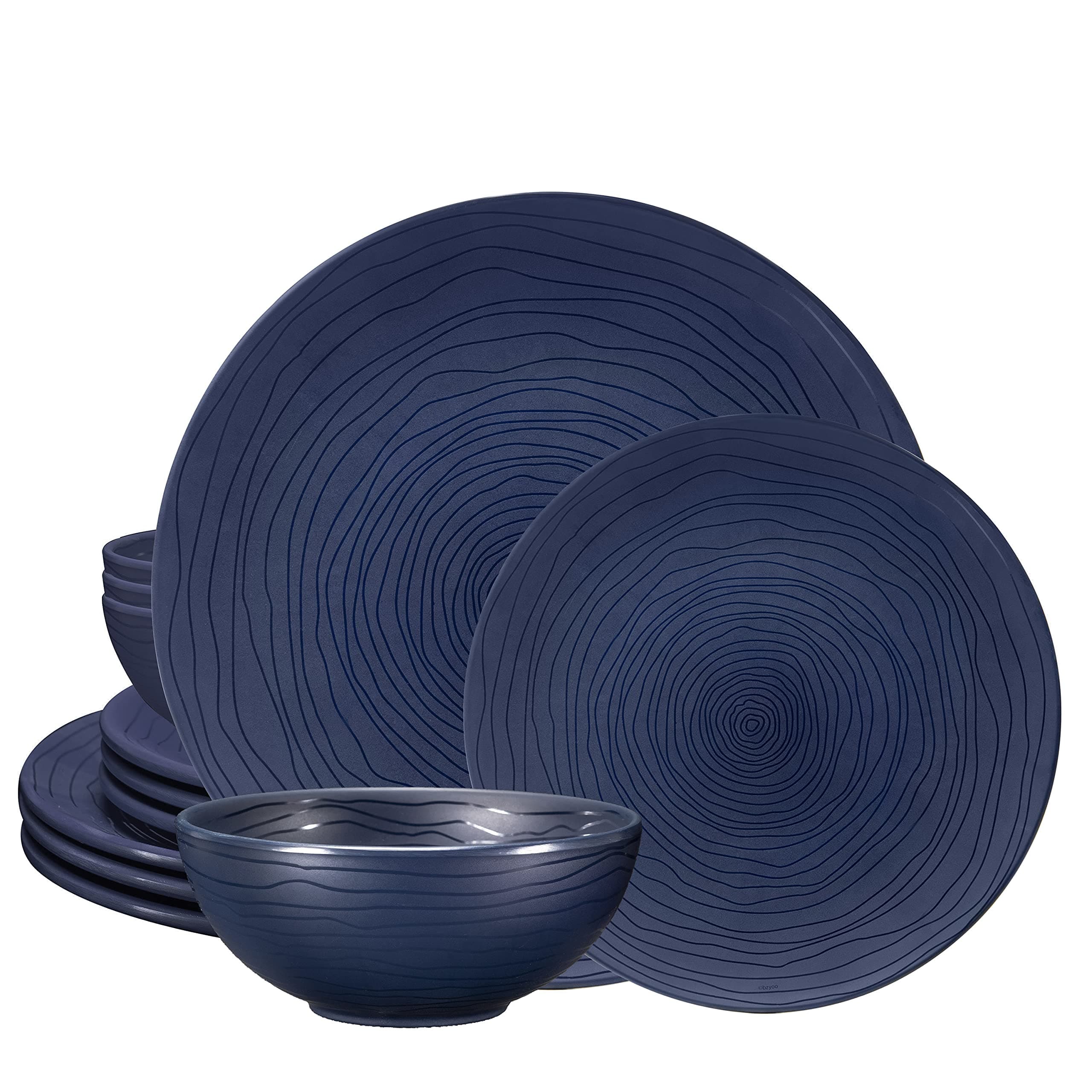 12 Piece Melamine Dinnerware Set - Durable, Dishwasher Safe, Organica Navy Blue Plates and Bowls Sets Casual Dish Set for Dining, Outdoor and Kitchen