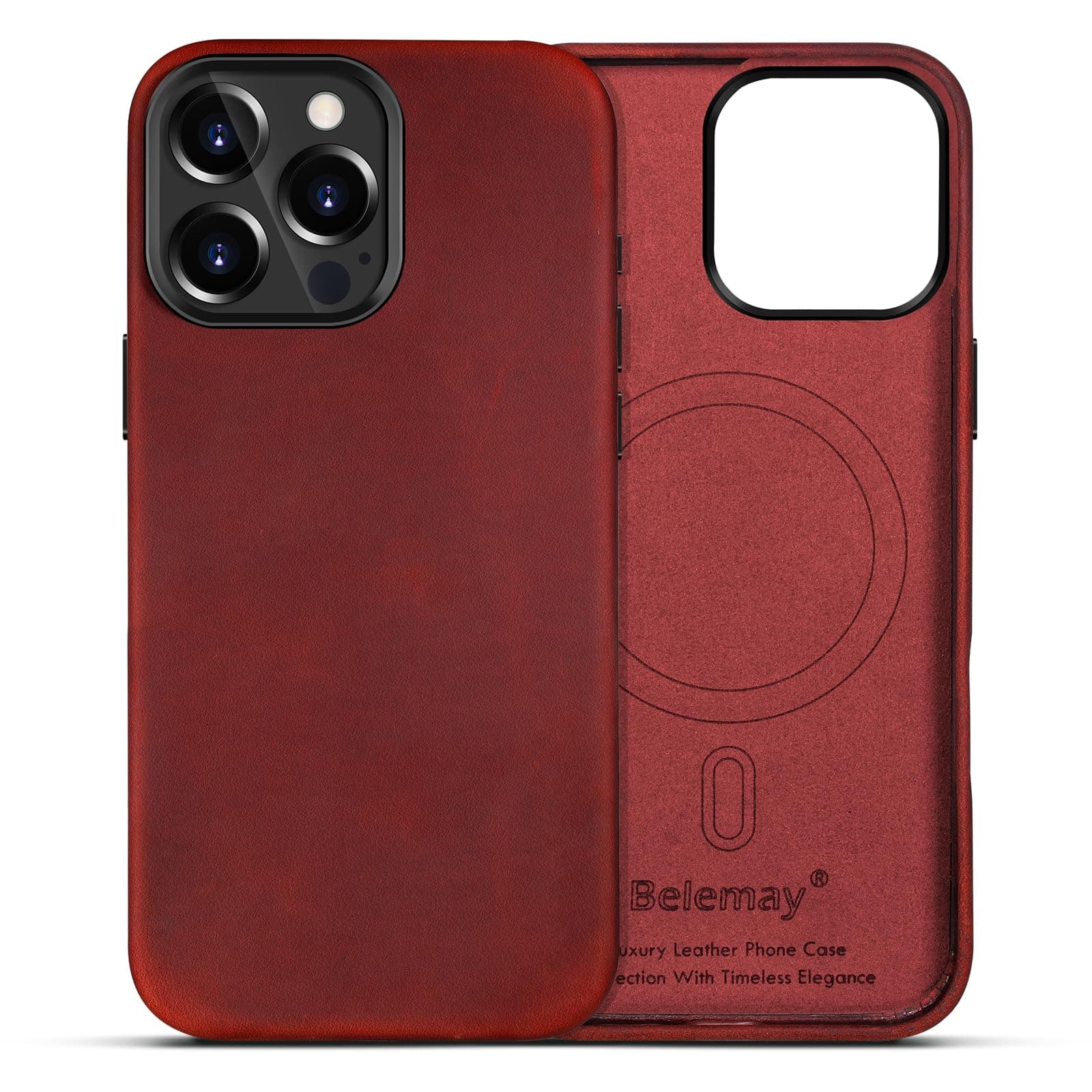 Belemay Leather Case for iPhone 16 Pro, Compatible with MagSafe [Camera Control Button] [Vintage Aesthetic] Premium Crazy Horse Leather, Unique Patina, Comfort Grip, Metal Buttons (6.3") Retro Red