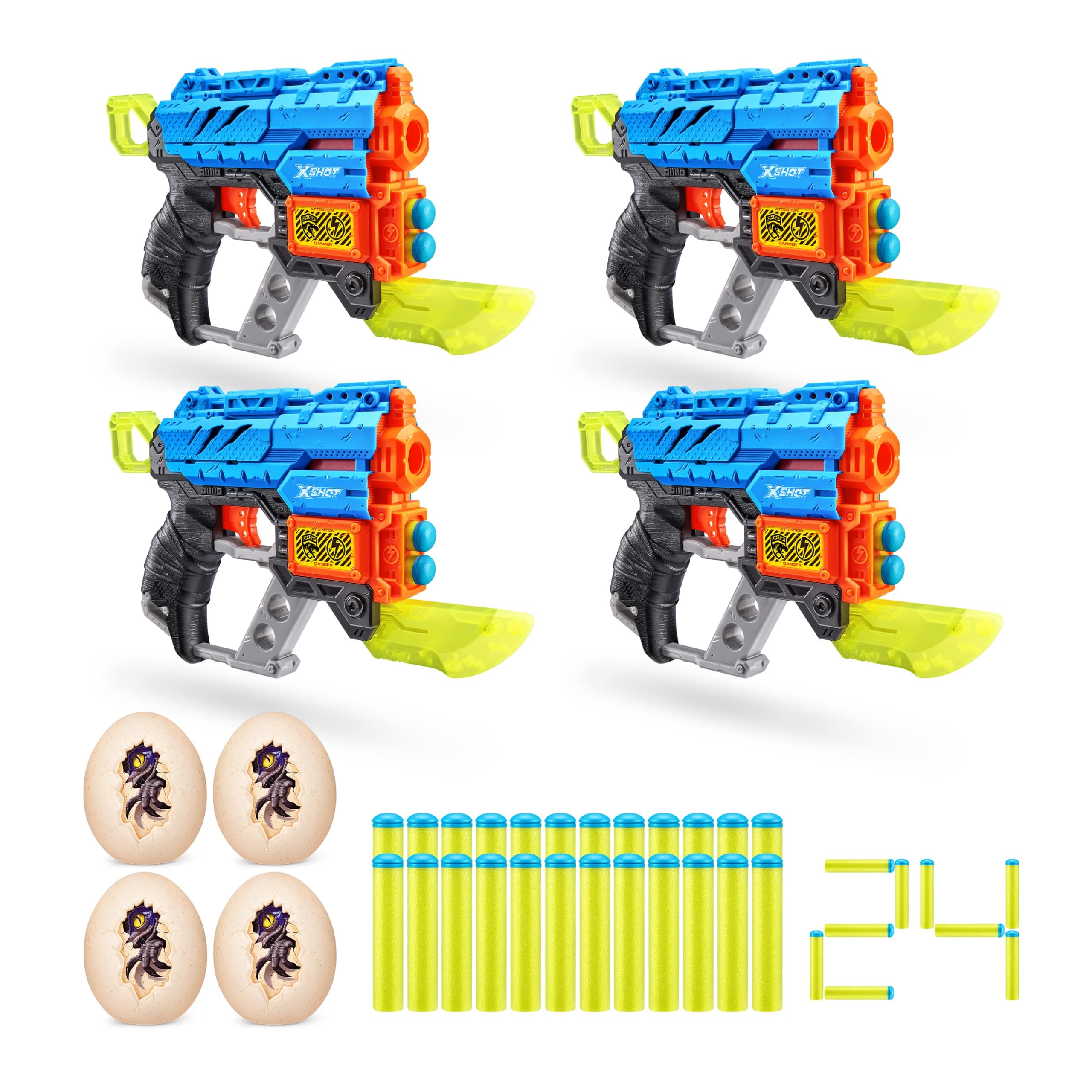 XSHOT Dino Attack Dino Extinct 4 Pack (4 Blaster, 4 Small Egg, 24 Darts) by ZURU