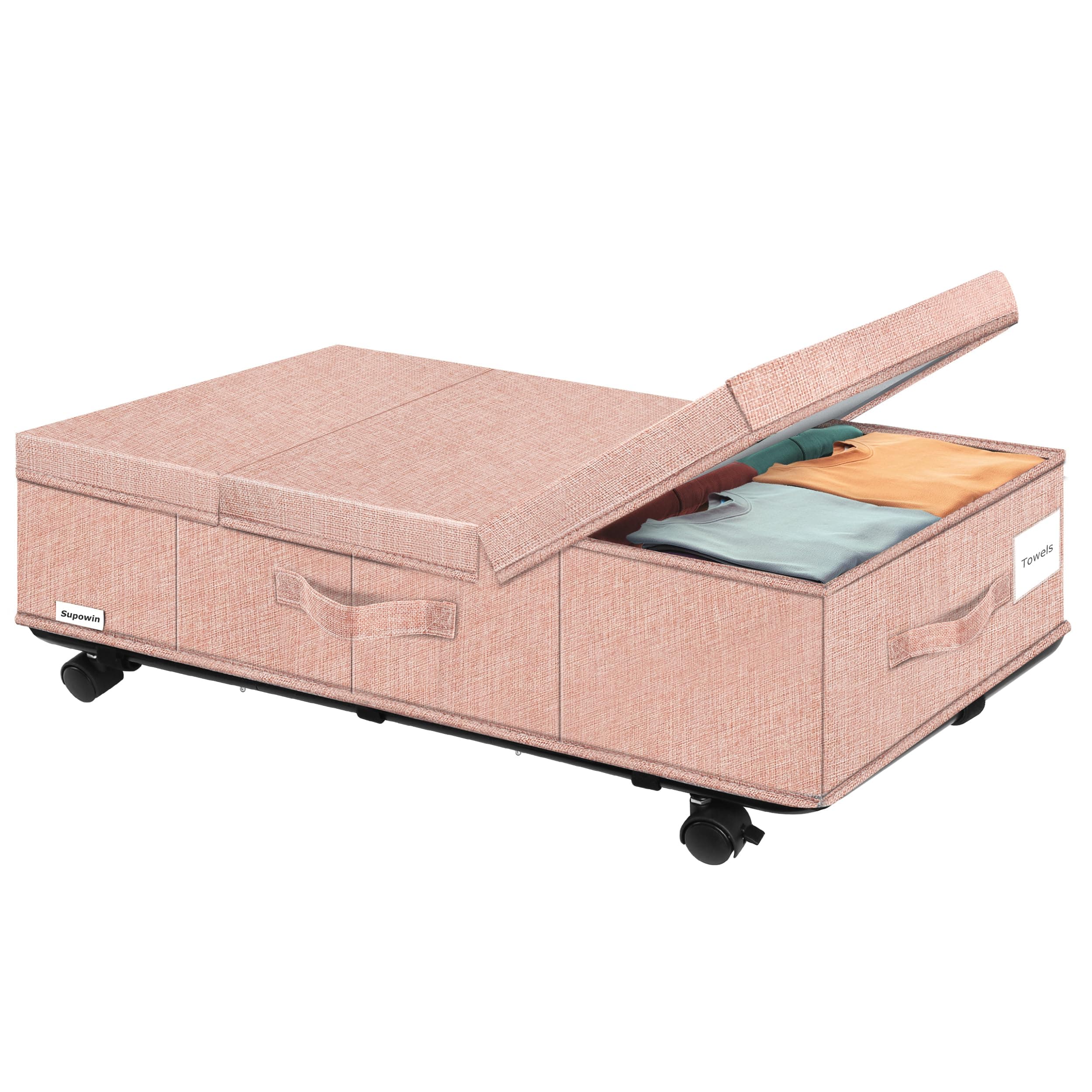 SupowinUnder Bed Storage with Wheels, Rolling Underbed Storage Containers with Lids, Under Bed Shoe Storage Bins Organizer with Reinforced Metal Bottom Support and Three Handles, 1 Pack Pink