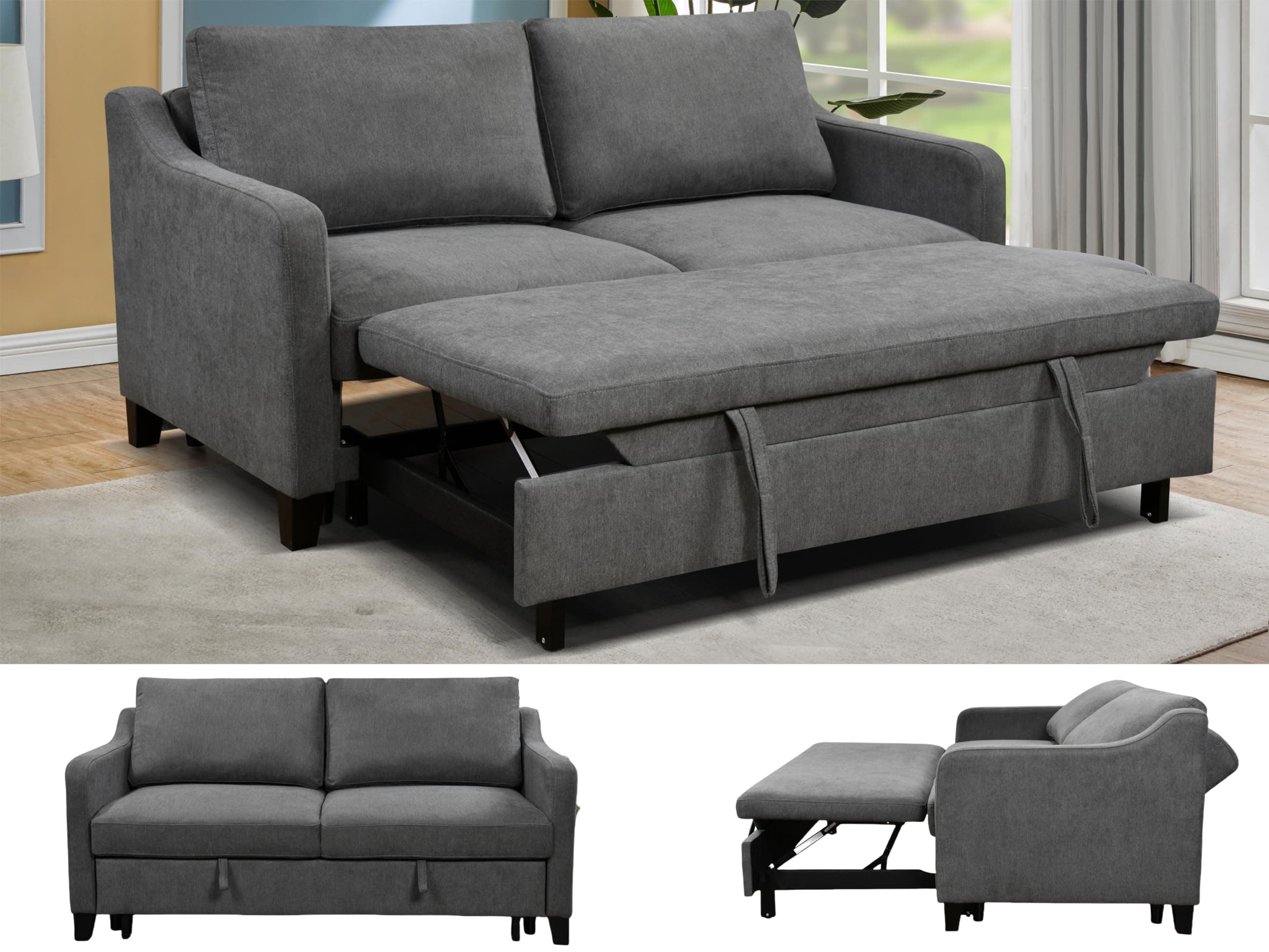 69'' Queen Size Sleeper Sofa Couch with Pullout Bed, Convertible Futon Loveseat Sofas with Adjustable Backrest, Comfy Couches Beds for Living Room, Dark Grey