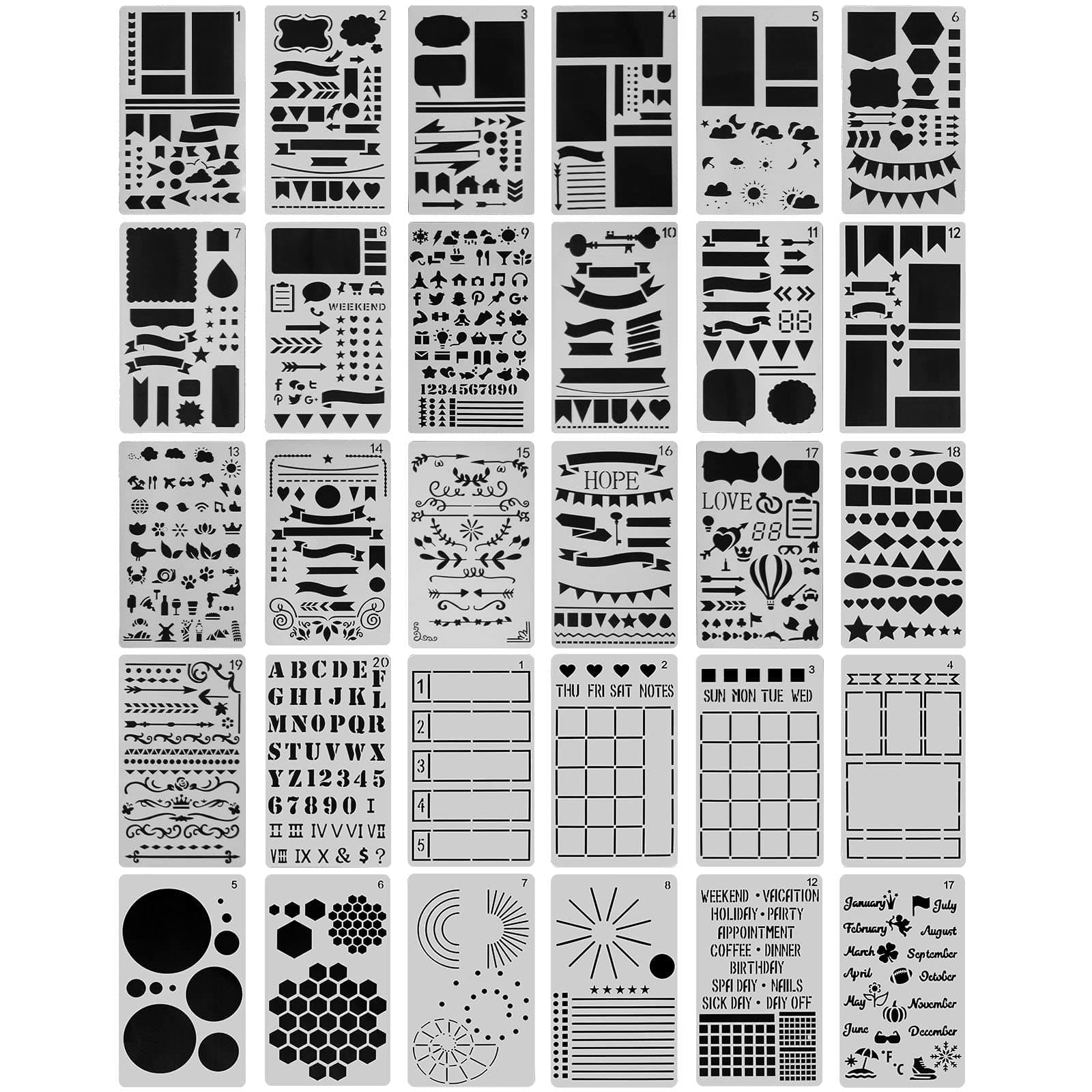 CH HAICHENG 20 PCS Journal Stencil Plastic Planner Set for Journal/Notebook/Diary/Scrapbook DIY Drawing Template Journal Stencils 4x7 Inch