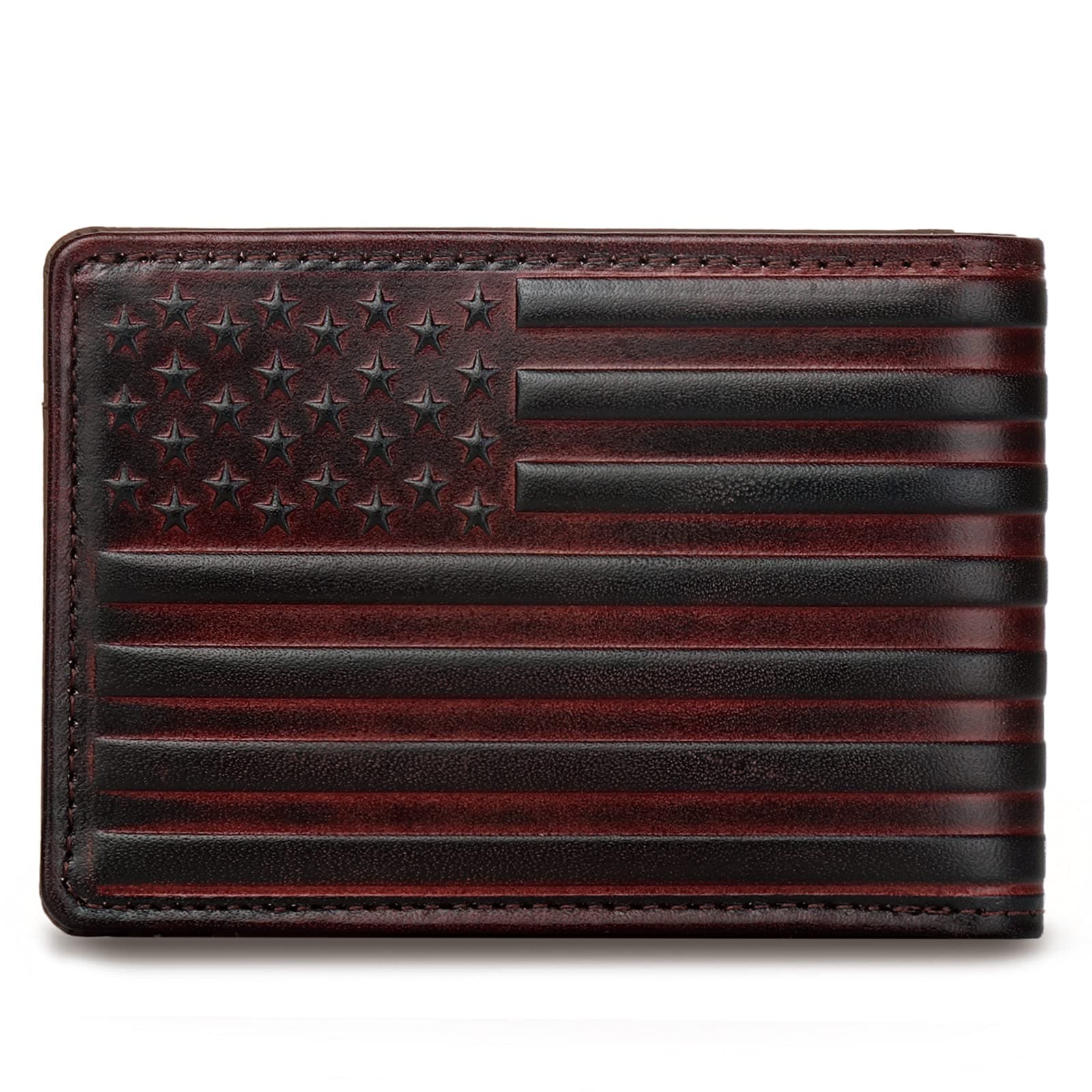 - Full Grain Leather Wallets for Men, Bifold Wallets for Men, Mens Leather Wallets with 12 Slots, RFID Blocking, Gifts for Men (USA Flag, Red)
