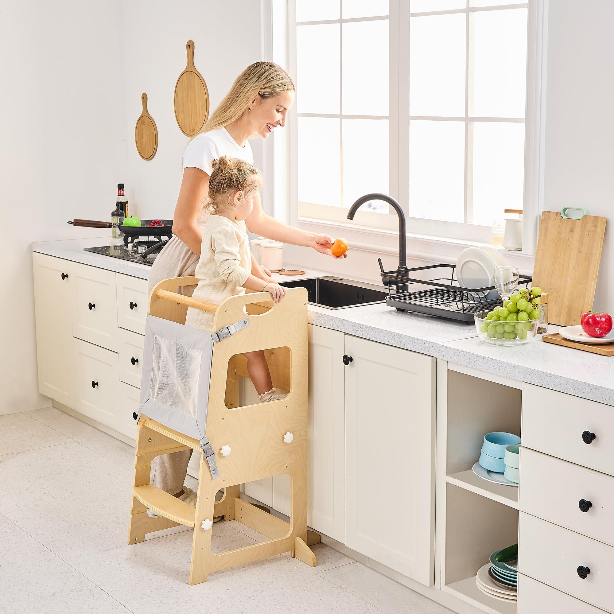 Basic Wooden Toddler Tower with Detachable Keeper, 3 Adjustable Height Toddler Kitchen Stool with Non-Slip Mats, Step Stool for Toddler, Toddler Step Stool for Kitchen Counter, Bathroom Sink