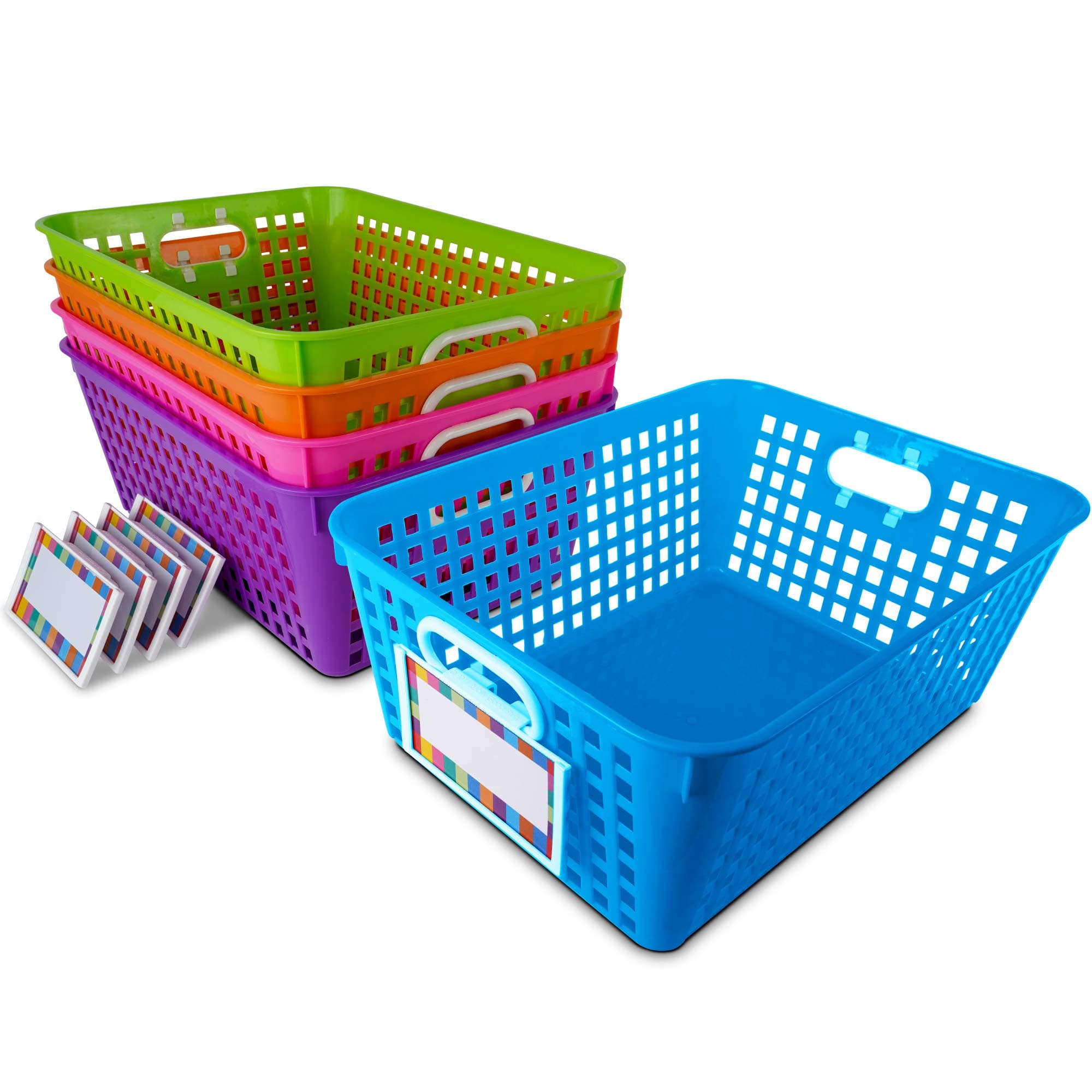 Really Good Stuff 161347 Multi Purpose Storage Baskets and Clip On Labels Set -13"x 10" -5 Pack Neon