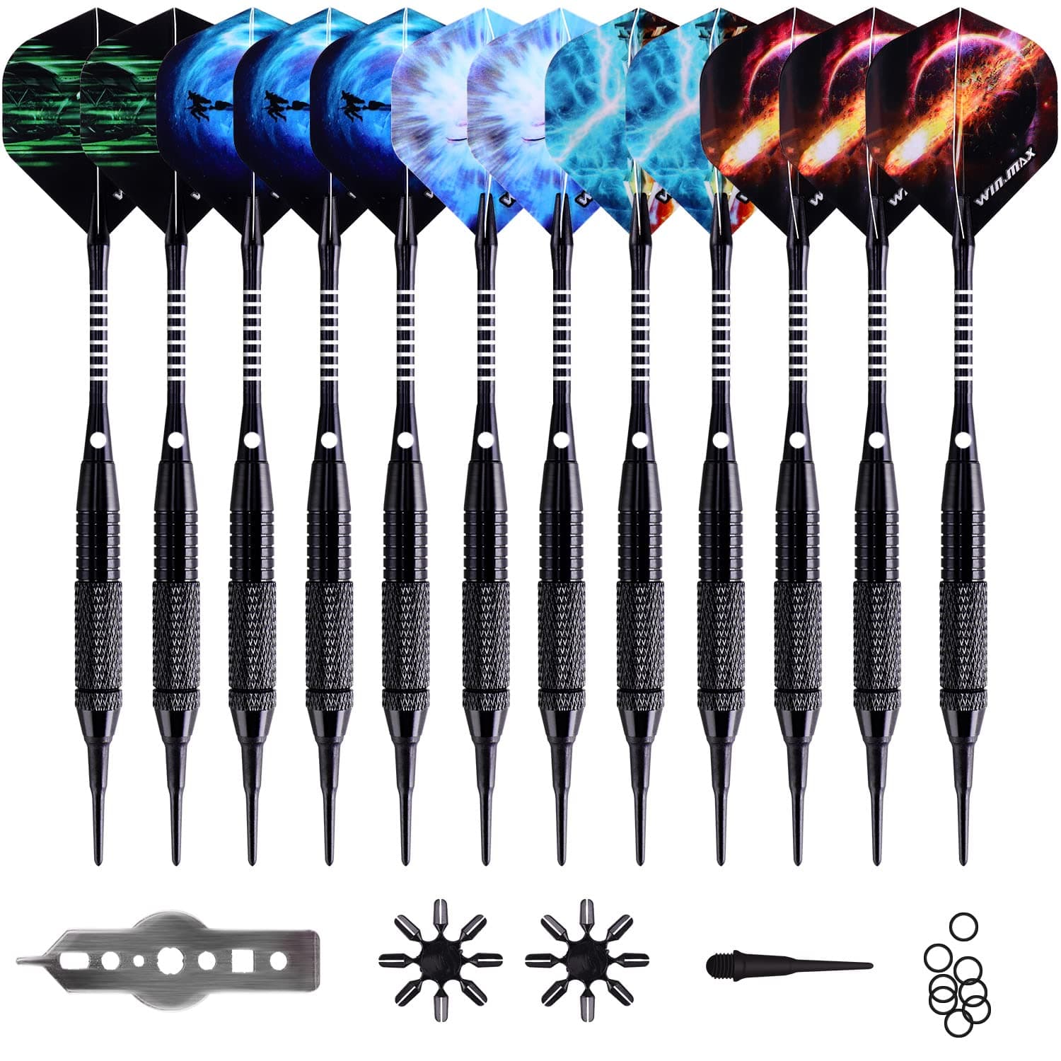 WIN.MAX Darts Plastic Tip,Soft Tip Darts Set,12 Pcs 18 Gram with 100 Extra Dart Tips,12 Flights, Flight Protectors and Tool Kit for Electronic Dart Board