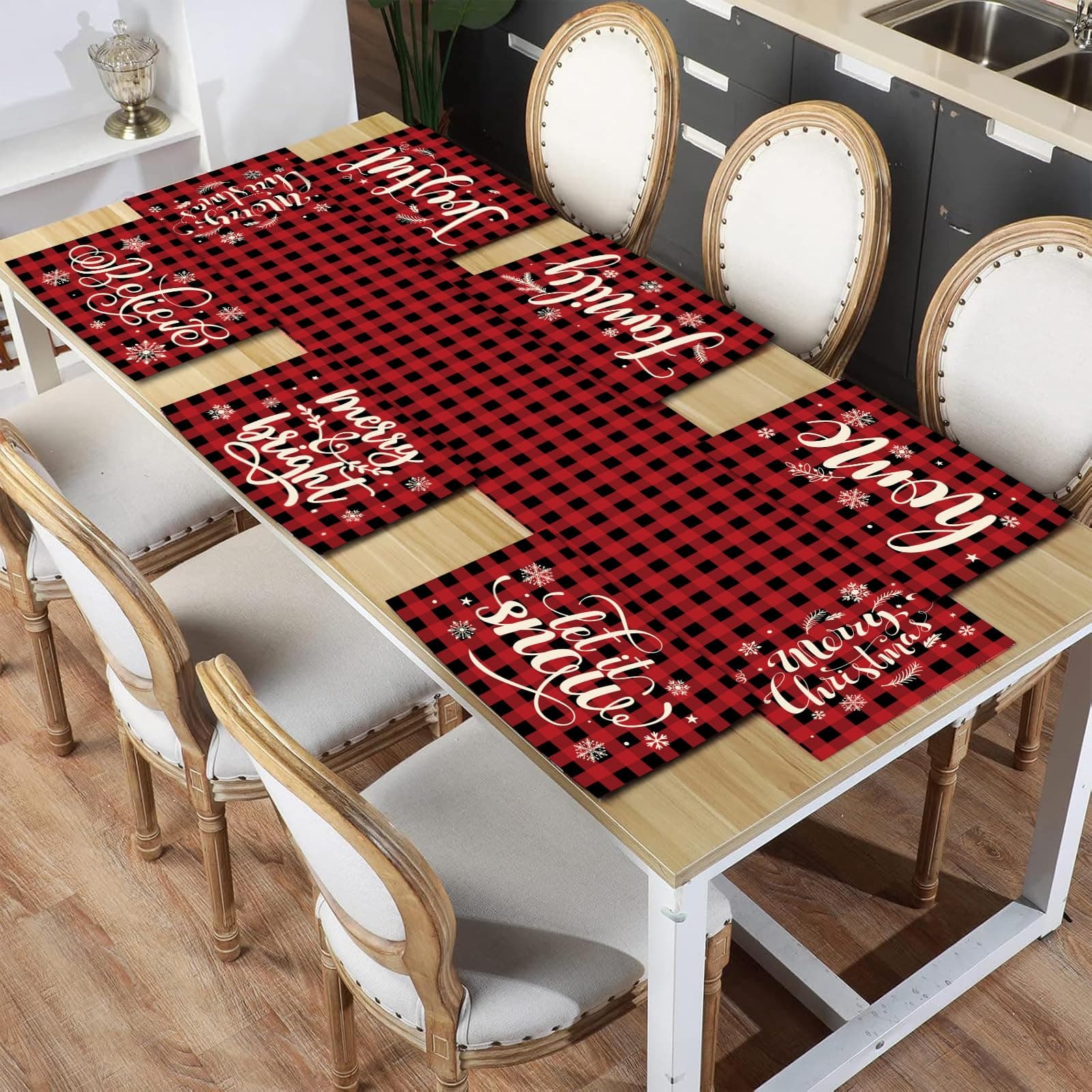 7 Pieces Christmas Table Runner and Placemats Set 13 × 72 Inch Table Runner with 12 × 18 Inch Placemats Christmas Buffalo Plaid Dining Mat for Holiday Xmas Kitchen Decor(Artsy Style)