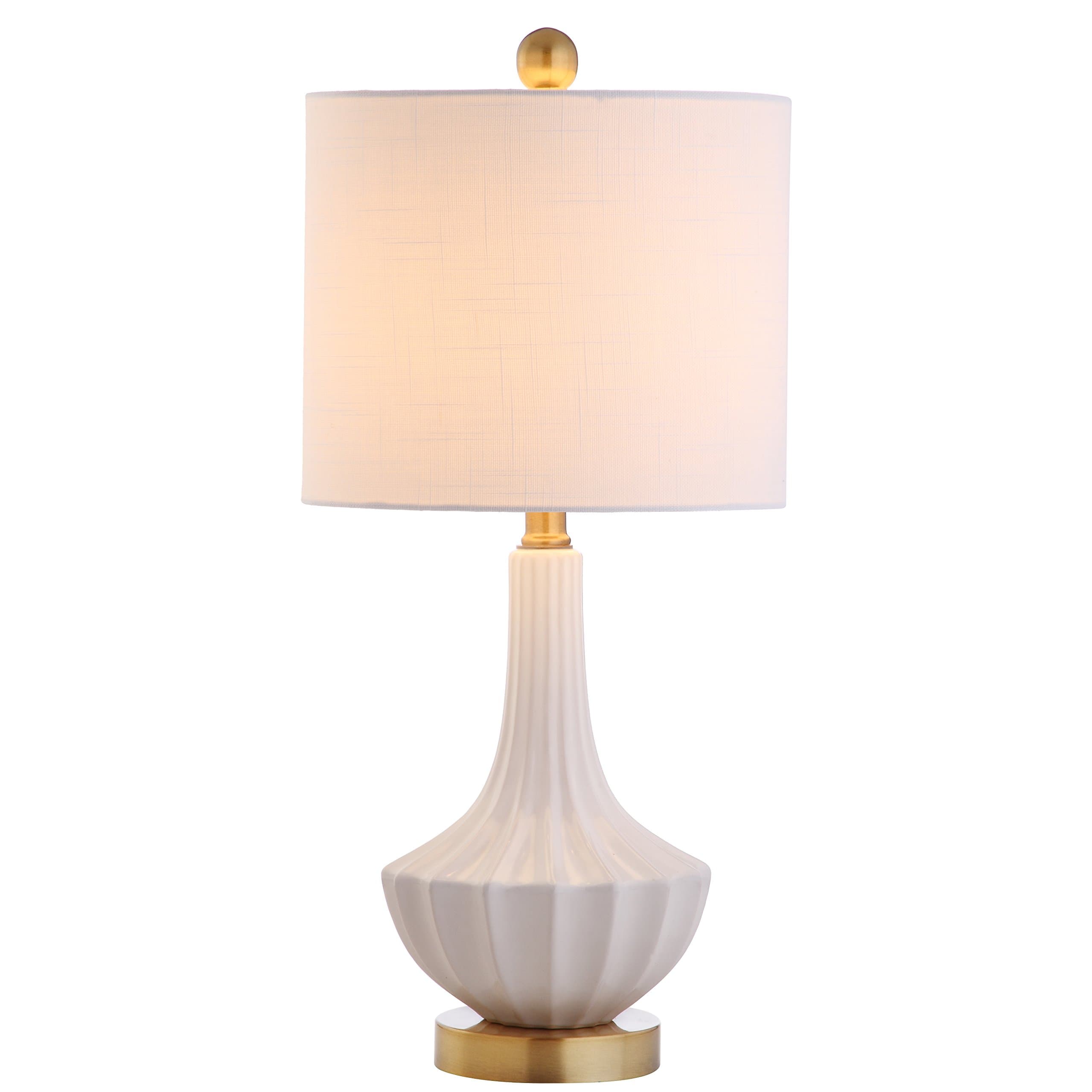 21.5" White Ceramic Mini Table Lamp with Brass Accents, Modern Contemporary Fluted Design with White Linen Shade for Bedroom Living Room, LED Bulb Included JYL1030A