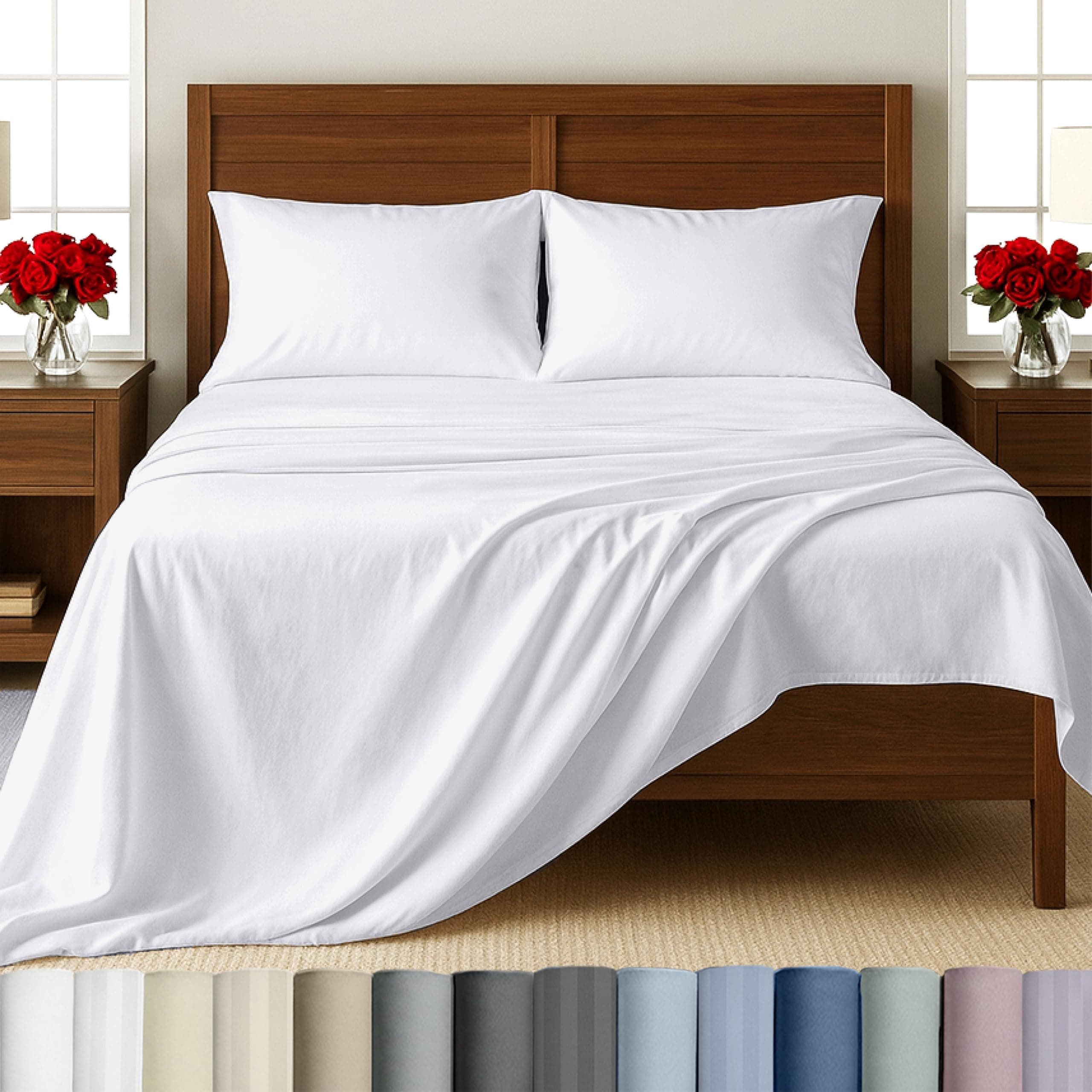 100% Cotton Sheets King Size Set - 500 Thread Count Sateen, Deep Pocket Bedding Set with All Around Elastic for a Snug Fit - White Sheets
